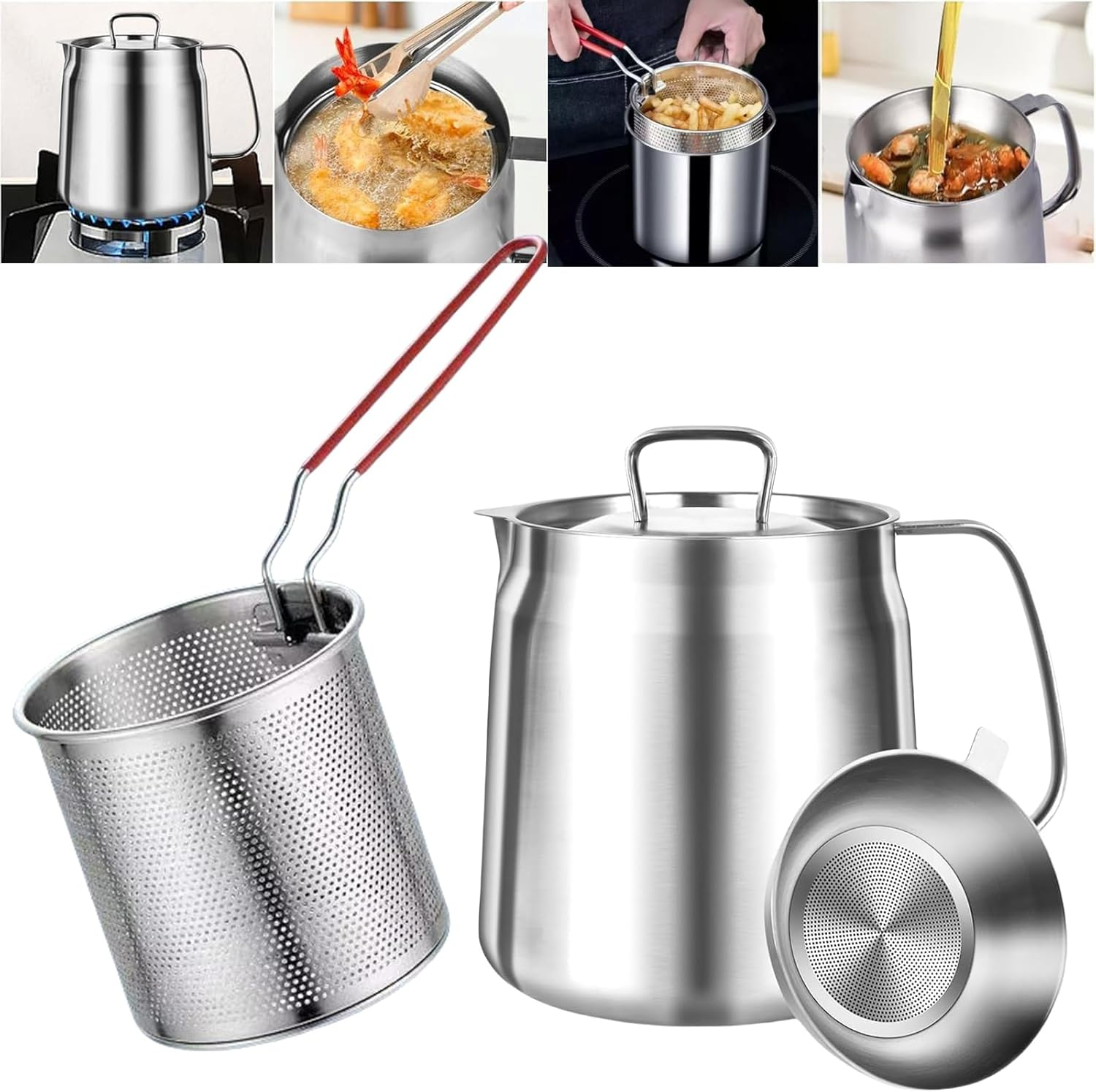 304 Stainless Steel Grease Strainer Pot & Oil Filter Container - 2.0L Large Capacity Deep Fat Fryer with Fine Mesh Basket, Frying Net & Heat-Resistant Handle for Kitchen,Frying
