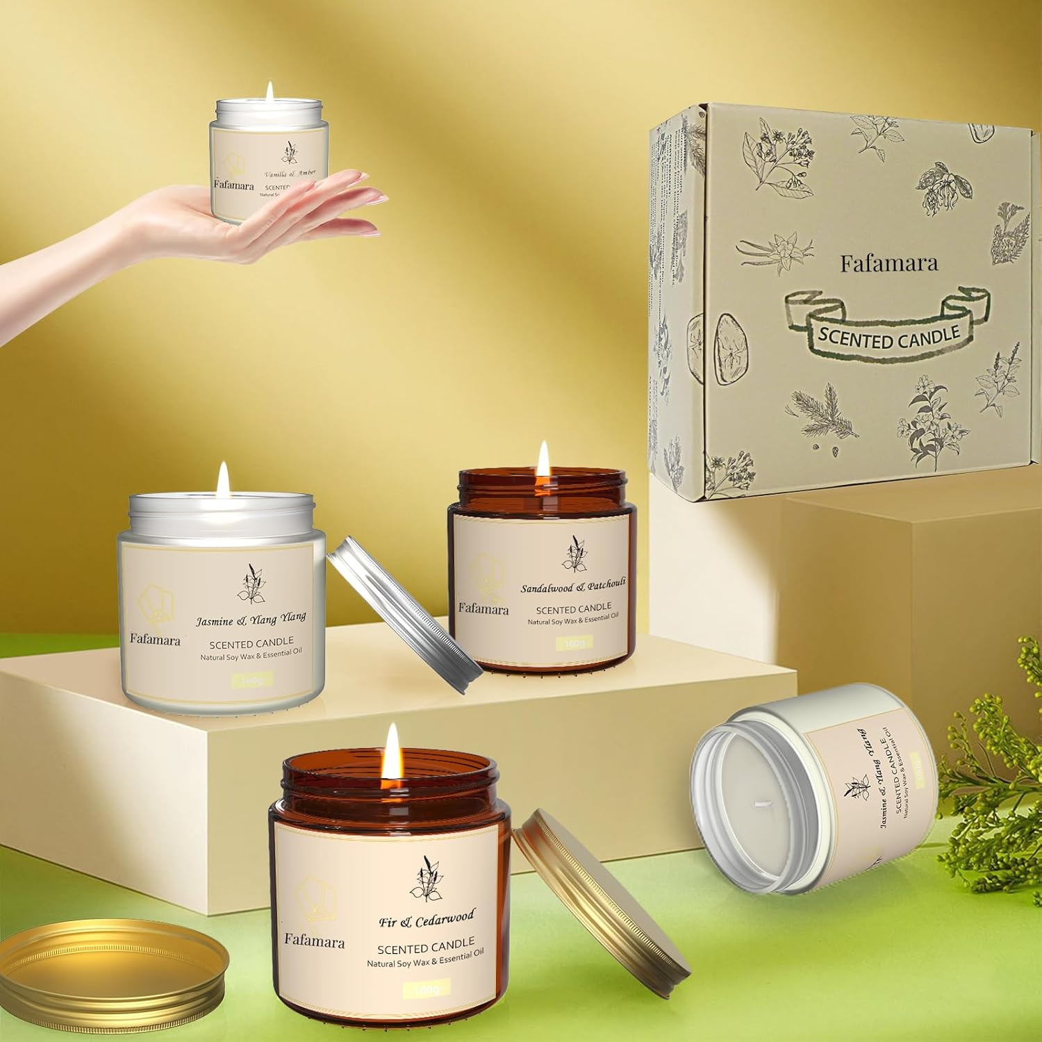 Fafamara Scented Candle Gift Set, 4 Relaxing Aromatherapy Candles for Women, Jasmine & Ylang Ylang, Sandalwood & Patchouli, Fir & Cedarwood, Vanilla & Amber, for Christmas, Birthday, Anniversary image number 6