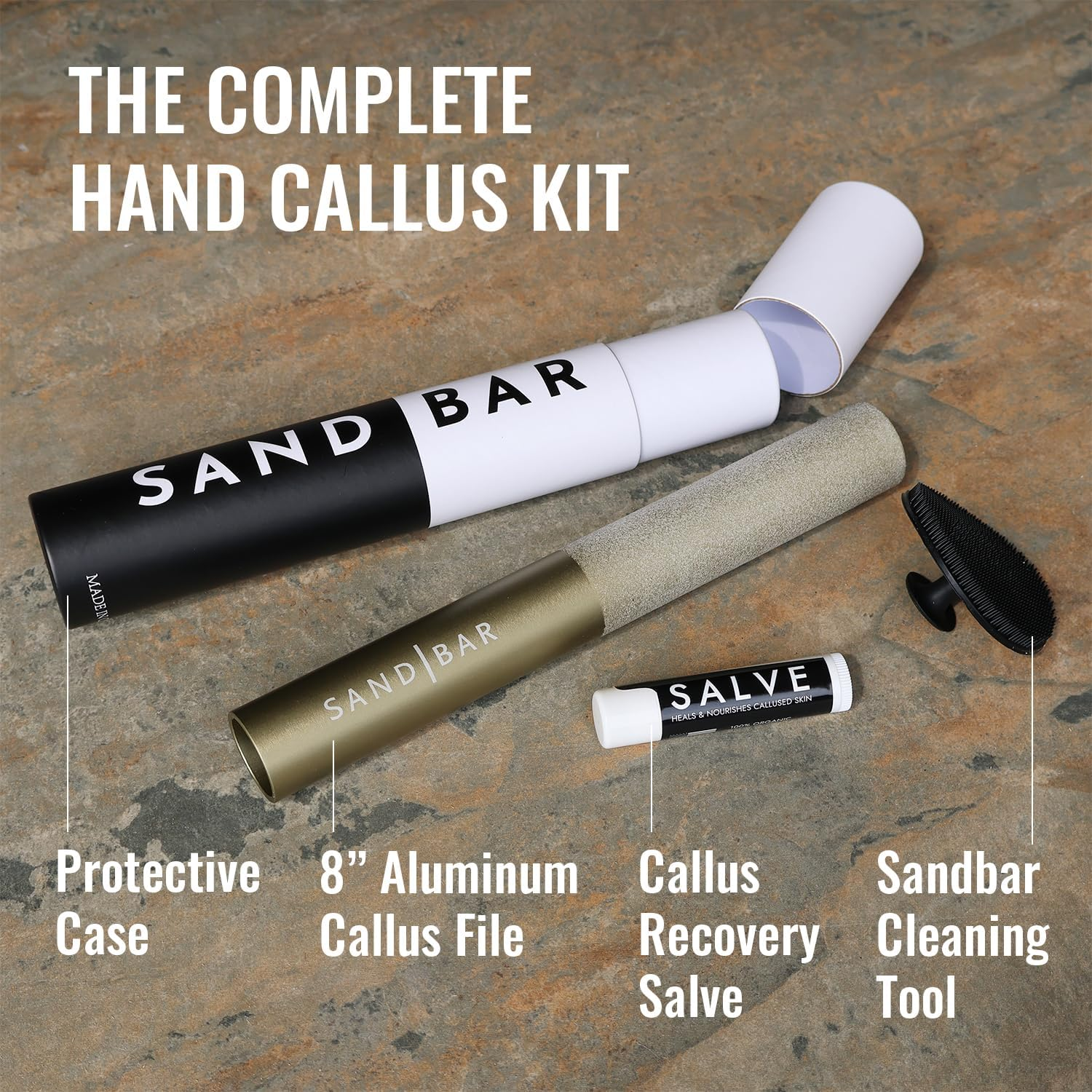 Sandbar Callus Remover Tool, File for Hands, Durable Aluminum Tool Callus Shaver, Palm and Heel Dead Skin Removal, Includes Nourishing Salve, Ideal for Athletes, Climbers, and Gym Enthusiasts - Gold image number 1