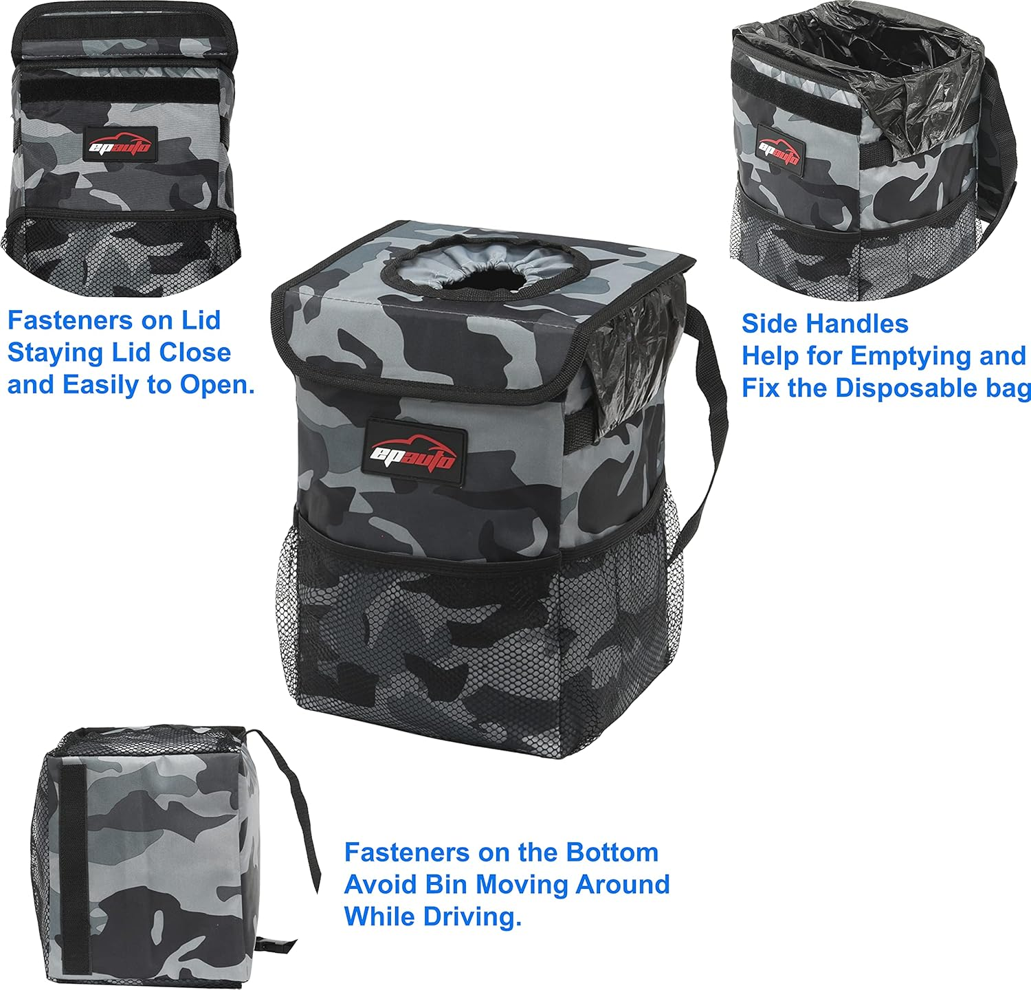 Epauto Waterproof Car Trash Can with Lid and Storage Pockets, Camouflage Grey