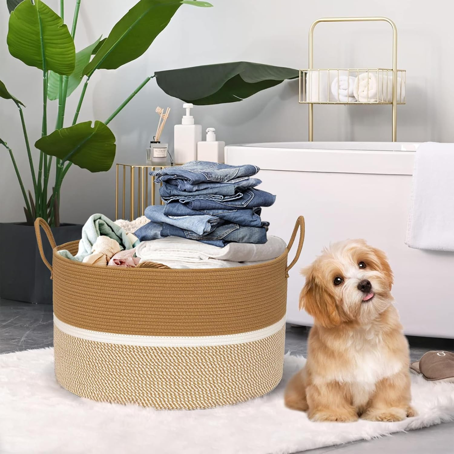 Extra Large Cotton Rope Woven Basket, Throw Blanket Storage Basket with Handles,Woven Storage Organizer for Blankets,Toys, Clothes, Rustic Rope Basket for Living Room, 50Cmx50Cmx38Cm image number 4