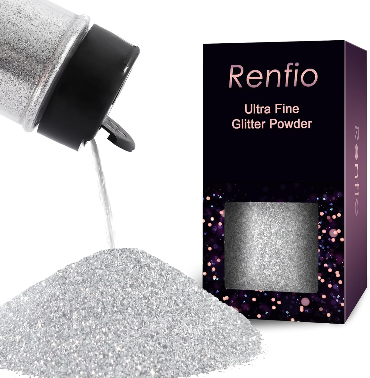 Renfio Ultra Fine Glitter Powder Metallic Resin Glitter 2.11 Oz (60G) PET Flakes Crafts Sequins 1/128" 0.008" 0.2Mm Epoxy Chips Flakes for Tumblers Slime Decoration - Silver