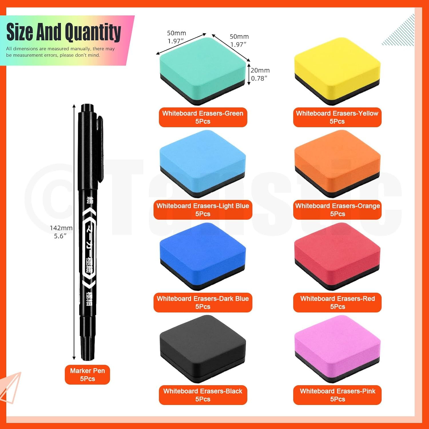 Tanstic 45Pcs Dry Erase Erasers with Dry Erase Markers Assortment Kit, Magnetic Whiteboard Eraser, Chalkboard Eraser Dry Eraser for Classroom Home Office(8 Colors, 2 X 2 X 0.78 Inch) image number 5