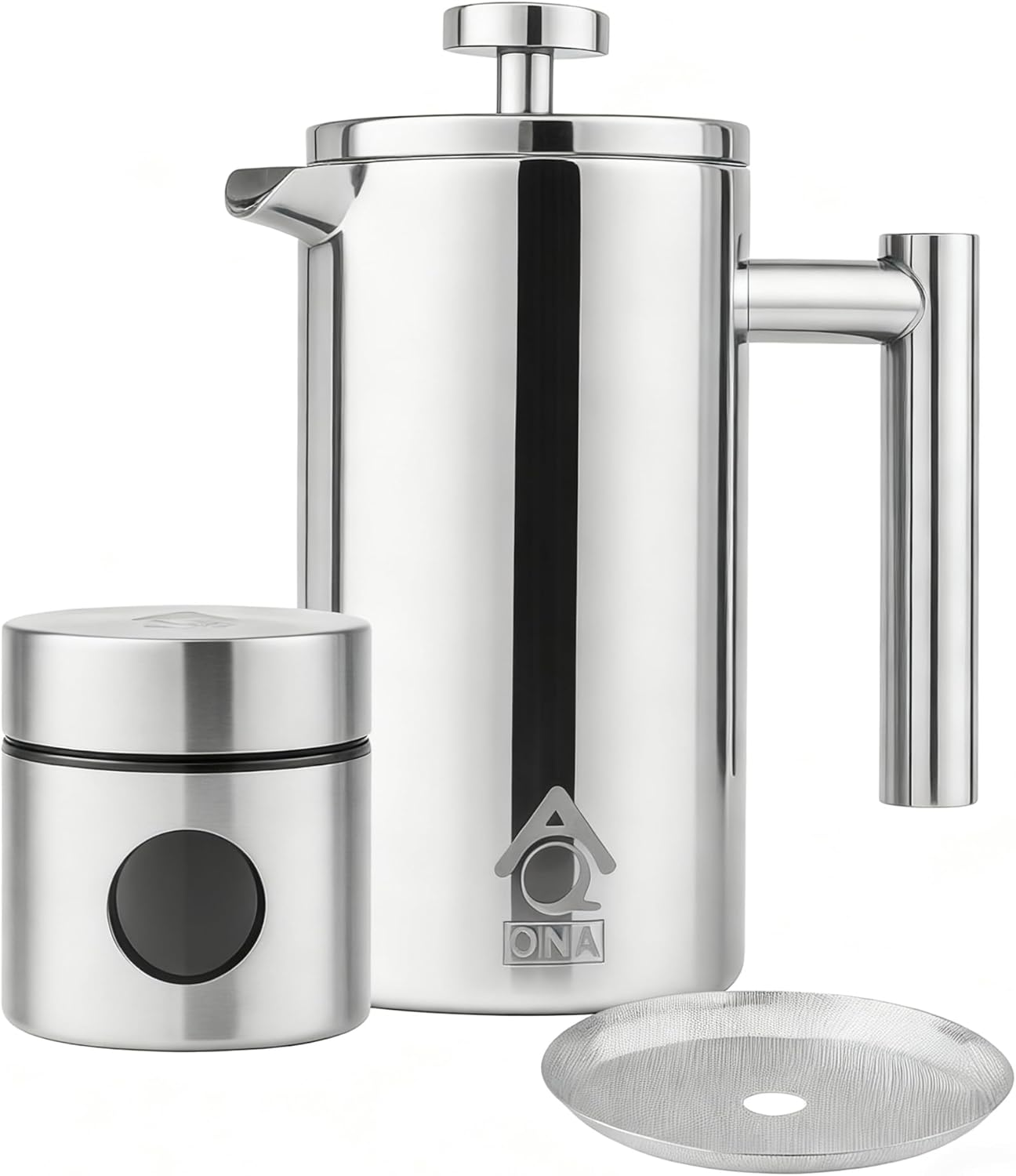 QNA French Press with Coffee Bean Canister Include an Extra Filter (350Ml/2 Cup), 304 Stainless Steel Coffee Plunger Tea Maker with Double Vacuum Insulation, No Coffee Grounds (350ML)