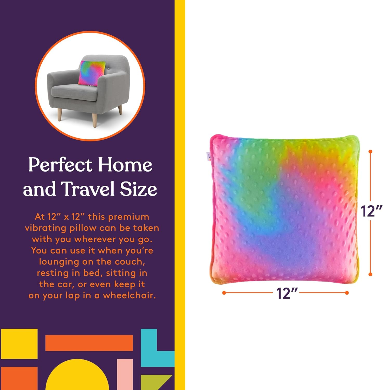 Special Supplies Vibrating Pillow Sensory Pressure Activated for Kids and Adults, 12&rdquo; X 12&rdquo; Plush Minky Soft Cover, Colorful image number 1