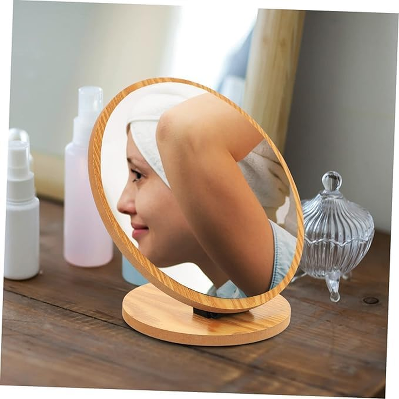 Small Table Mirror Makeup Mirror (Natural Bamboo Stand) Double-Sided 360 Degree Rotating Magnifying Mirror Portable Desktop Mirror Bathroom Shaving Makeup Mirror Vanity Mirror for Gym image number 2