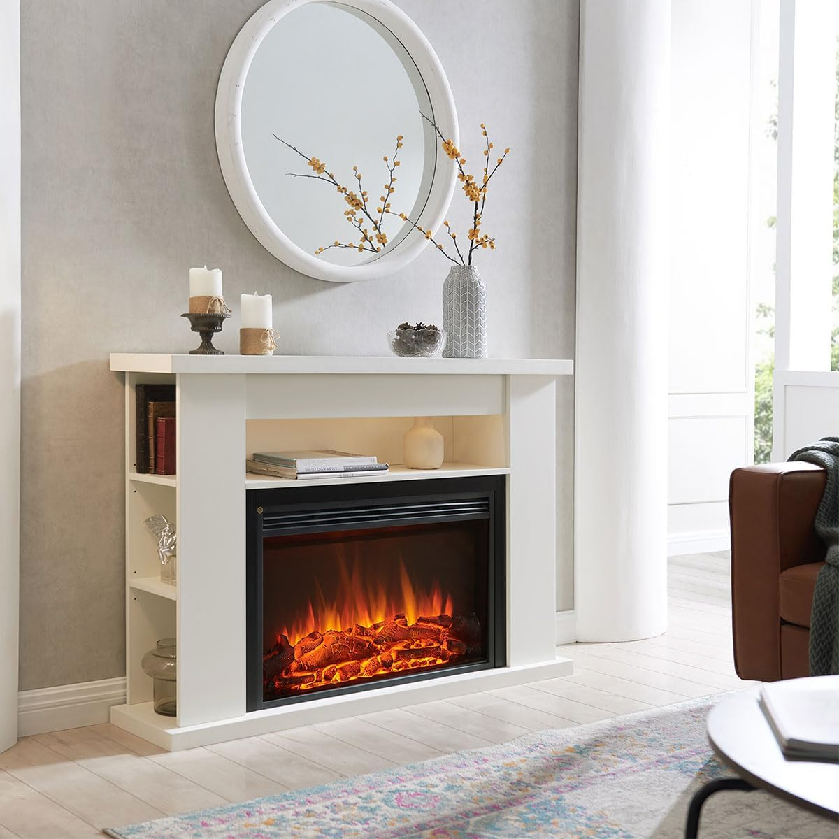 Modaliving Quartz 2000W Electric Fireplace Heater Mantel Suite Adjustable Shelves Mood Lighting Remote Control White or Rustic Dark Oak Finish (White) - White image number 2