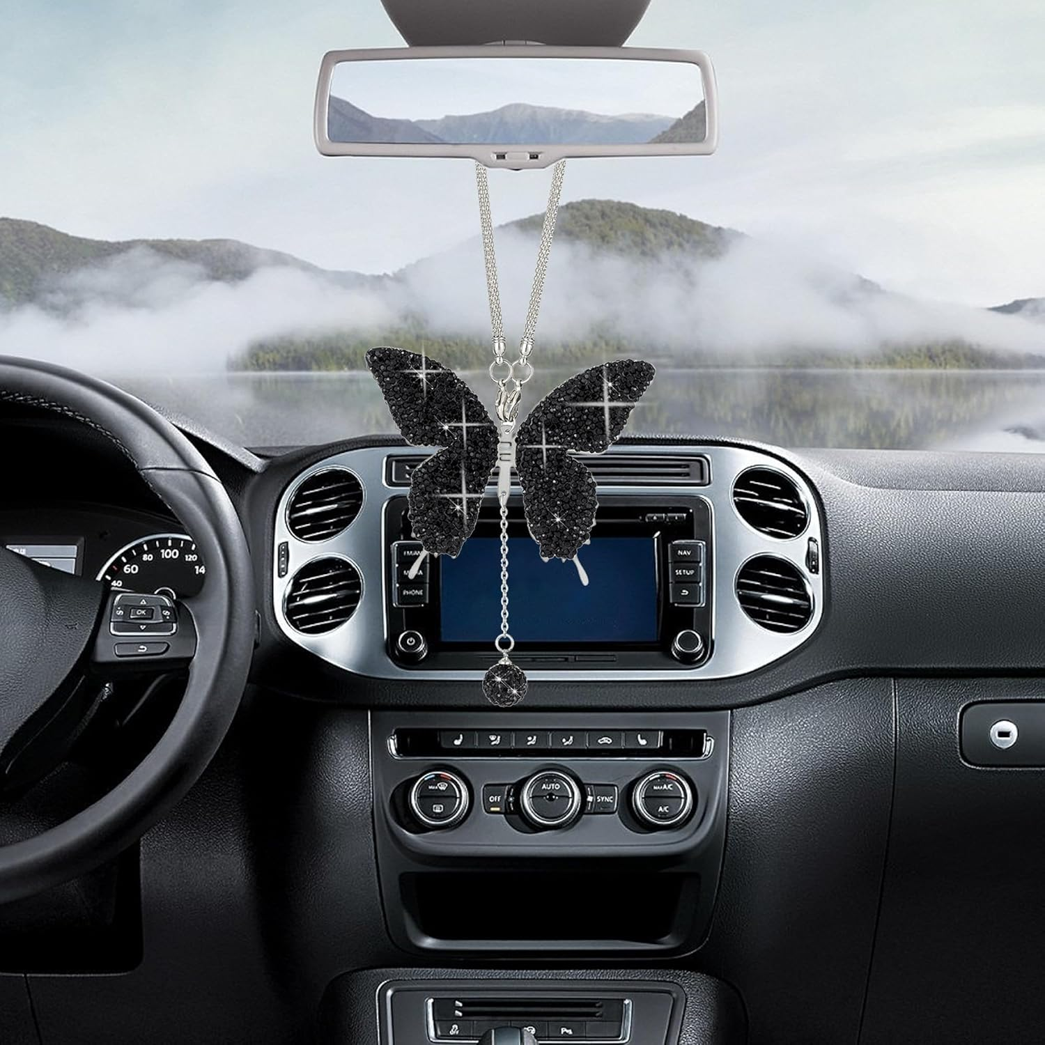 Couslcd Bling Butterfly Diamond Car Accessories, Crystal Car Rear View Mirror Charms for Women, Car Decoration Lucky Hanging Interior Crystal Ornament Pendant Decor for All Cars (Black) - Black image number 3