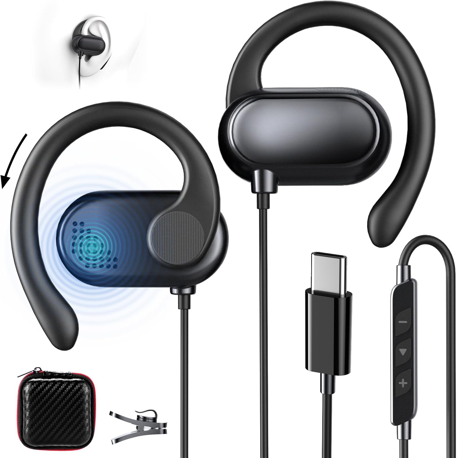 Open-Ear Headphones USB C Sport Adjustable Ear Hook Microphone & Volume Control Type C Headphones with Cable for Samsung Galaxy S25 S24 for Iphone 17 Air 16 15 Pixel 10 9 8 Headphones for Oneplus 13 image number 2