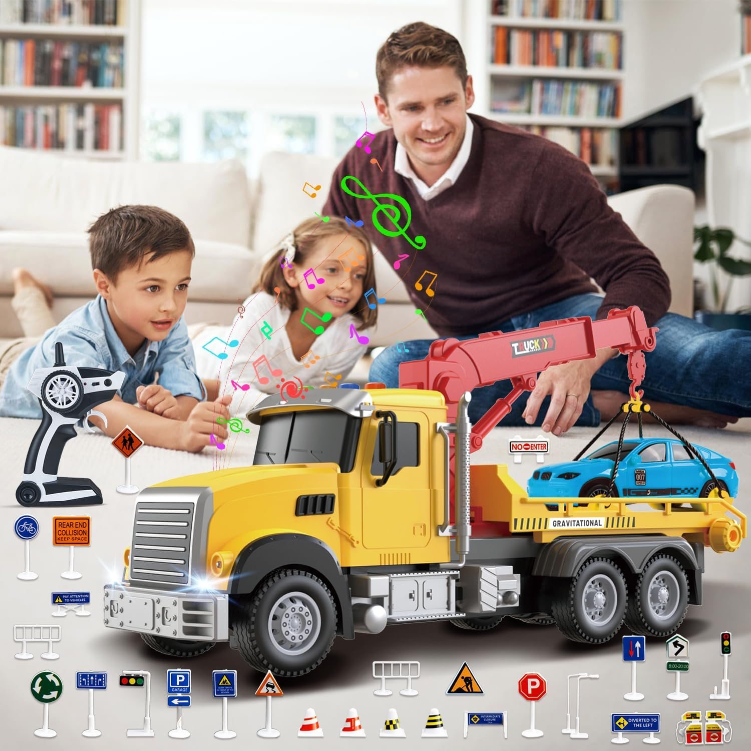 Yiwsnust Remote Control Tow Truck Toy &ndash; 2.4Ghz RC Tow Truck with Racing Car, 4 Channel Transport Crane Truck with Lights, Sounds, 28PCS Traffic Signs, 2 Batteries, RC Truck Kids Toys for 6 7 8 Boys image number 1