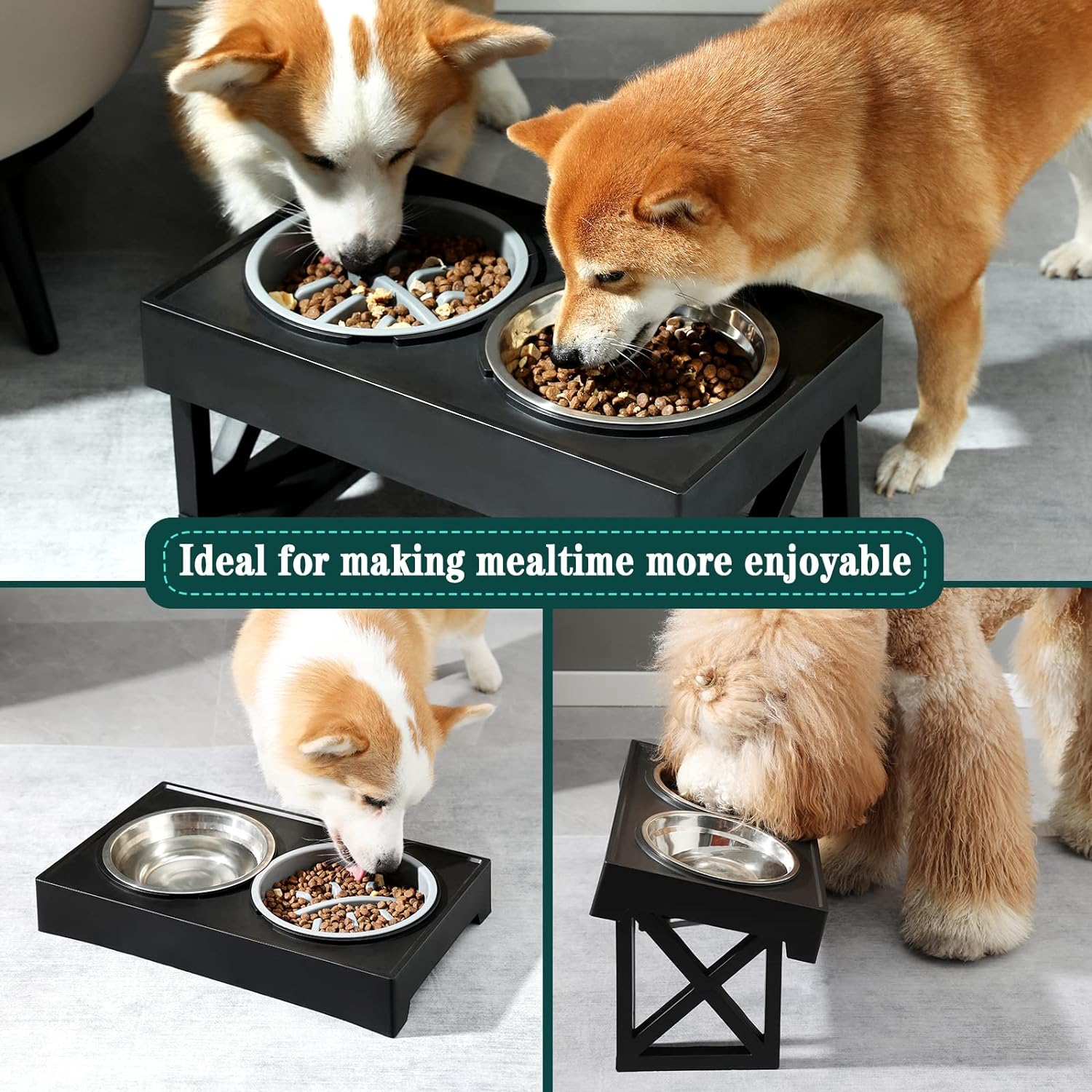 MDEHOPET Elevated Dog Bowls for Large Dogs, 3 Adjustable Heights Raised Pet Bowl Stand Feeder with Slow Feeder Bowl 2 Stainless Steel Food & Water Bowls for Small Medium Large Dogs and Pets image number 3