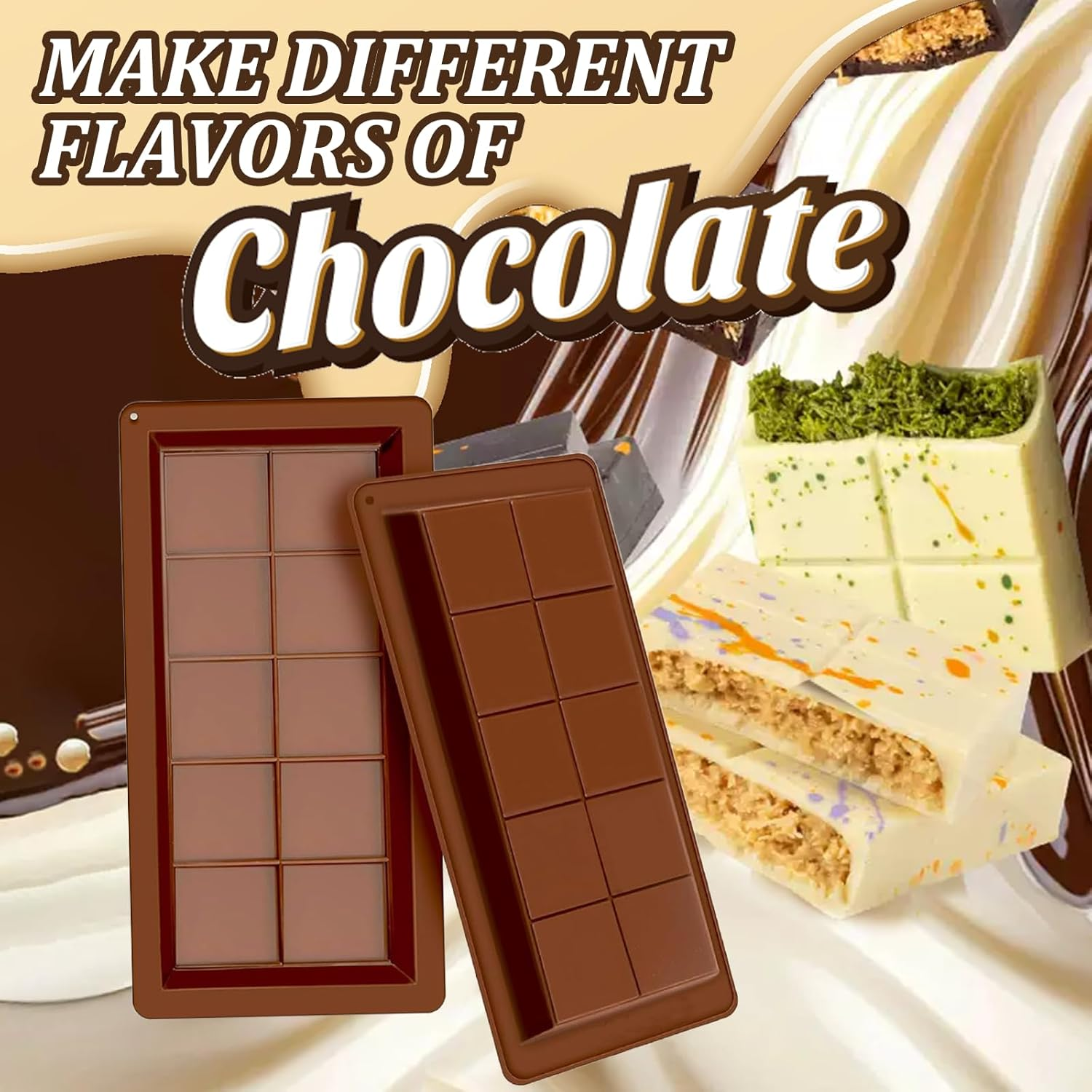 Deep Chocolate Bar Moulds Silicone 2 Pcs Big Chocolate Bar Deep Chocolate Mould Thick Chocolate Mould Candy Moulds (Chocolate-2Pcs) image number 4
