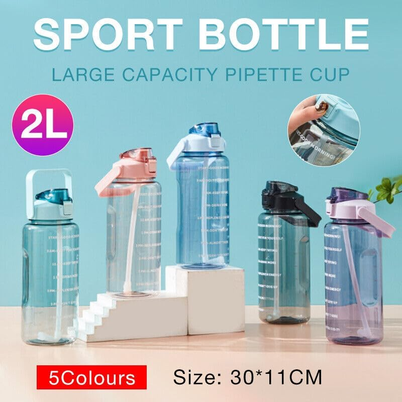 2L Water Bottle Straw Cup Motivational Drink Flask with Time Markings Sports Gym - Durable Gym Sports Flask, Bpa-Free, Leakproof - Green image number 3