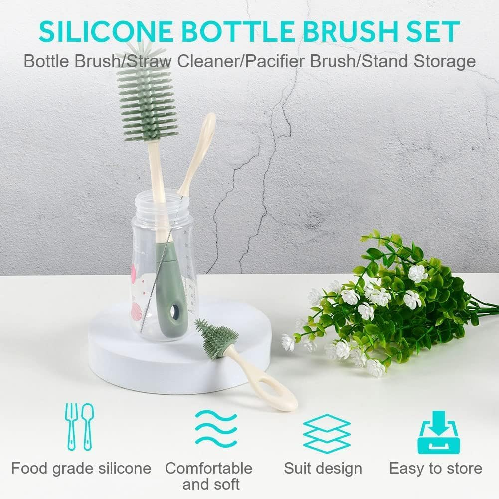 Baby Bottle Brush, Silicone Bottle Brush with Stand, 360&deg; Rotating Bottle Cleaner Set, 3 in 1 Bottle and Teat Cleaning Brush, for Long Narrow Neck Bottles, Water Bottles, Drinking Glasses image number 6