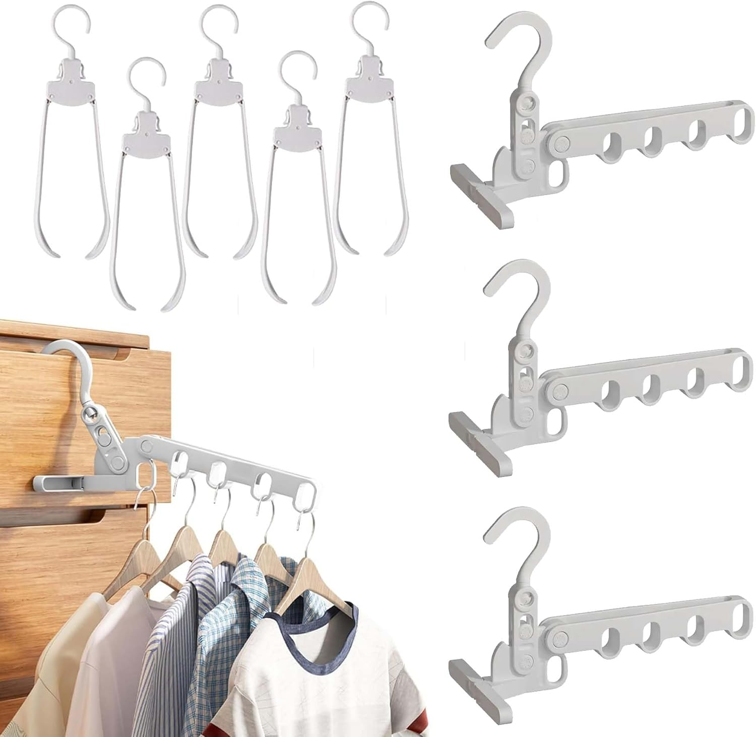 8-Piece Set 3PCS Folding Clothes Drying Rack + 5 Hangers, Foldable Portable Travel Hanger, with 5 Holes for Outdoor Campin, Balcony, Laundry Room, Hotel Apartment