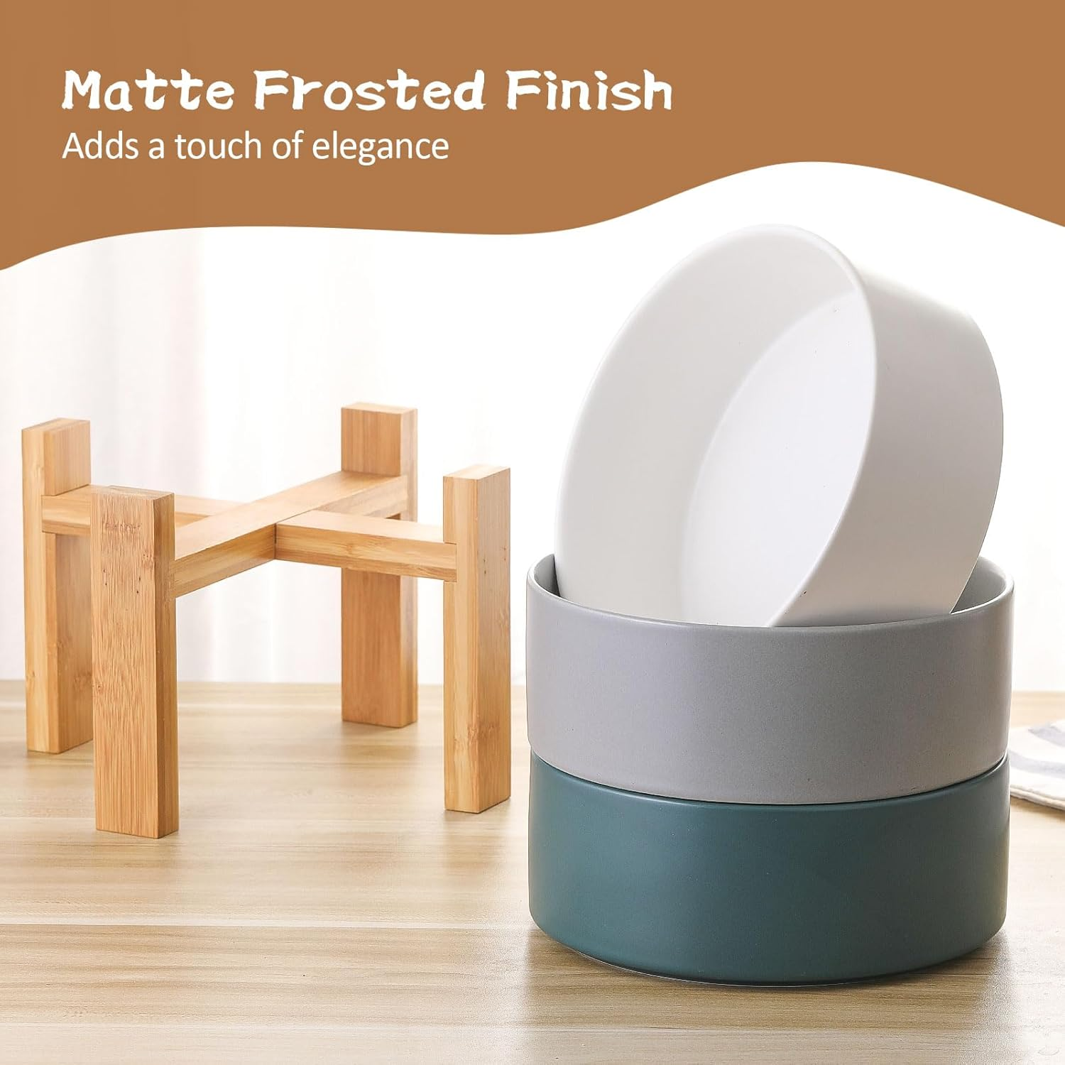 Raised Ceramic Large Dog Bowl - Heavy Weighted Dog Dish with Bamboo Stand - Elevated for Comfortable Feeding - 8.3" W X 8" H - 4.5 Cups (68 Fl Oz) - White image number 3