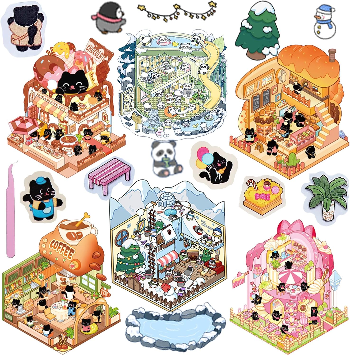 DIY 3D Scene Sticker 6 Sets Make Your Own Mini Mysterious House Stickers for Adults Cute Cartoon Animal Sticker for Adult Relief Stress Pass the Time (Mysterious and Terrifying)