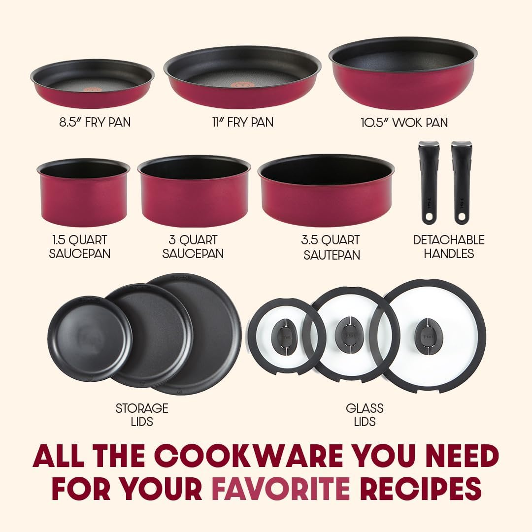 T-FAL Ingenio Nonstick Cookware Set 14 Piece Induction Oven Broiler Safe 500F Cookware, Pots and Pans, Oven, Broil, Dishwasher Safe, Rose Pink image number 4