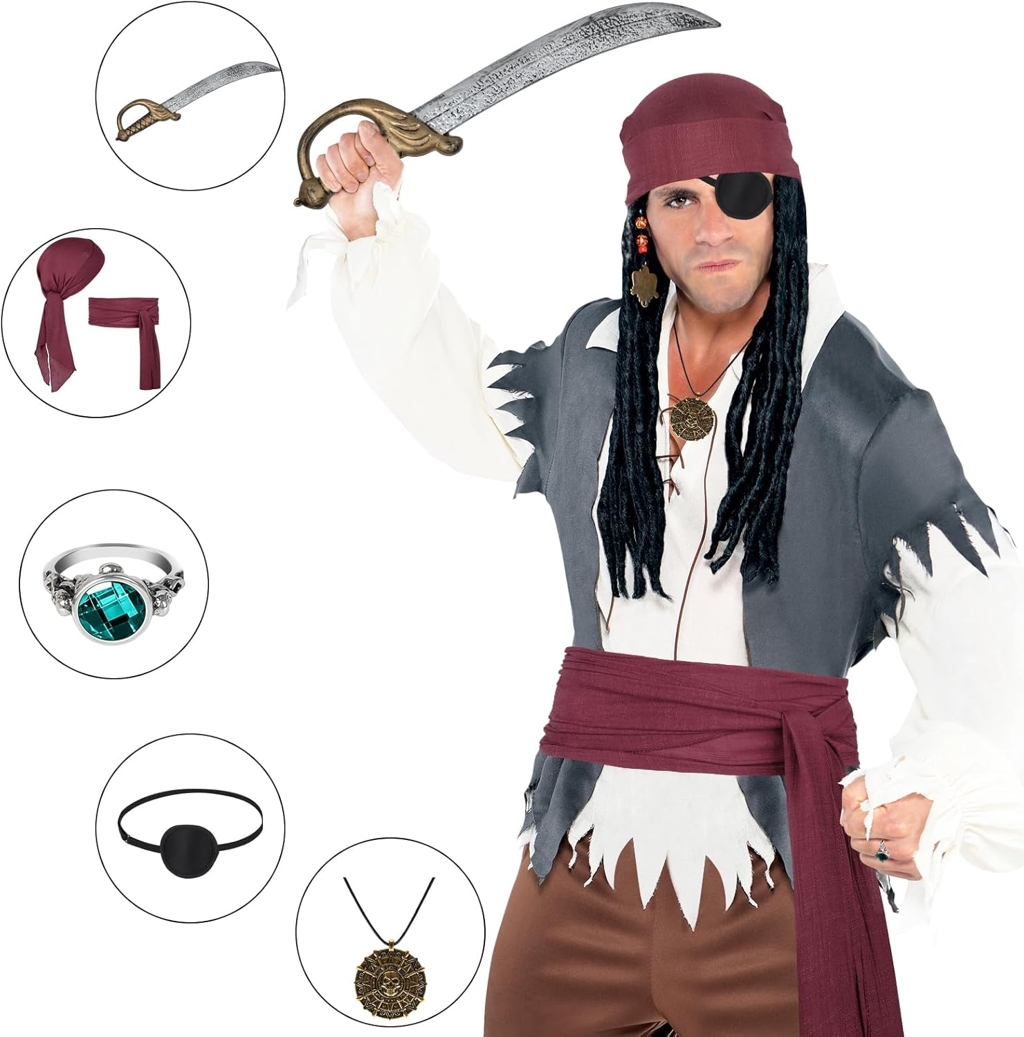 7 PCS Pirate Costume Women Men Kids,Captain Pirate Costume Accessories Set,Halloween Party Cosplay image number 3