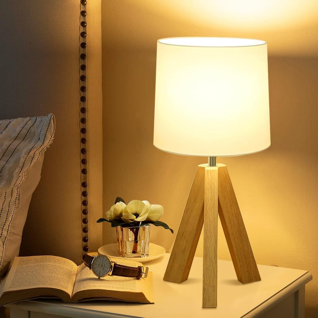 Clora beside Table Lamp, Wood Tripod Table Lamp with White Fabric Shade, Boho Nightstand Lamp, Minimalist Desk Lamp for Bedroom Living Room Nursery Kids Room Office Dorm, Bulb Included