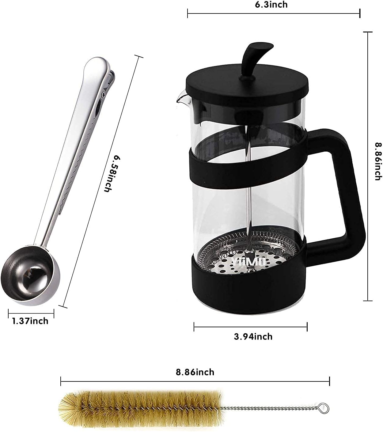 Yiimo French Press Coffee Maker, 34 Oz Large Glass Pitcher 4 Level Filter System Caf&eacute; Carafe Teapot plus Stainless Coffee Spoon N Cleaner Brush for Hot Cold Brew