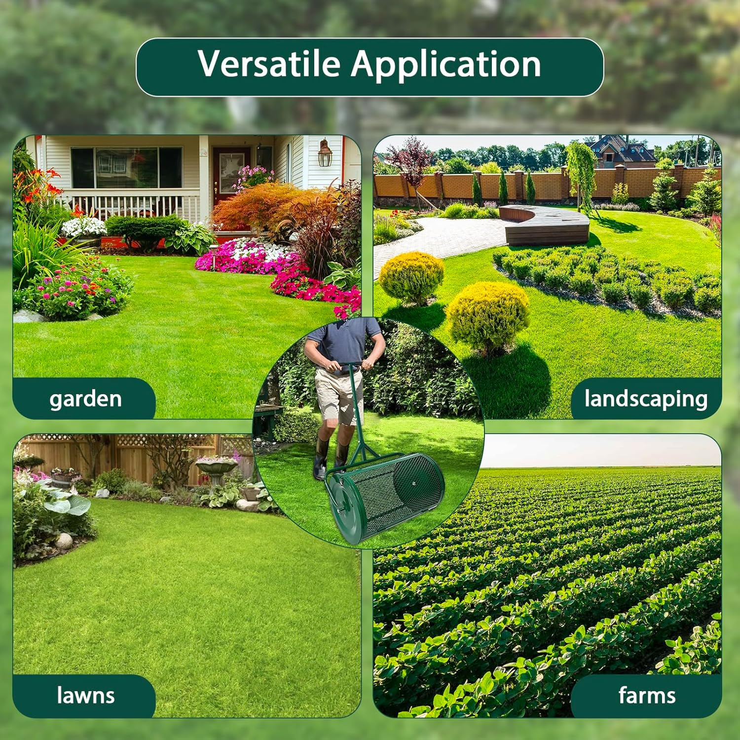 24" Compost Spreader Lawn and Garden Peat Moss Roller with 22.4"-27.5" Height Adjustable Handle 24" X 15.7" Powder Coated Mesh Basket with Side Latches for Topsoil Manure Fertilizers image number 5