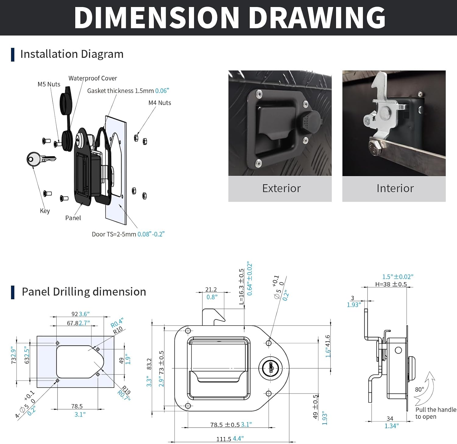 Black Truck Box Latch Replacement Kit, Paddle Latch Tool Box Locks with Keys,Truck Box, Trailer Door, RV, Camper, Storage Box, 111.5 * 83.2Mm image number 4