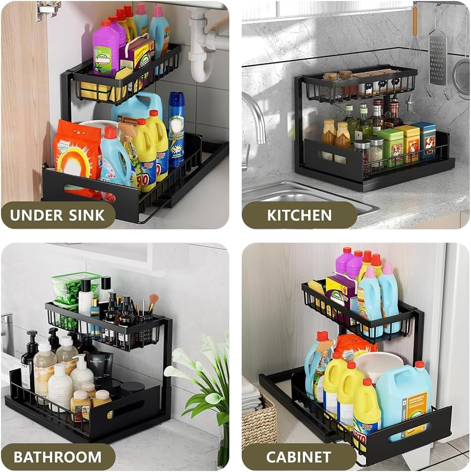 Ultra-Durable Pull-Out under Sink Organizer, Black Space-Saving Storage Shelf, Carbon Steel Drawer Rack, Suitable for Kitchen Cabinets, Bathroom & Office Drawers image number 3