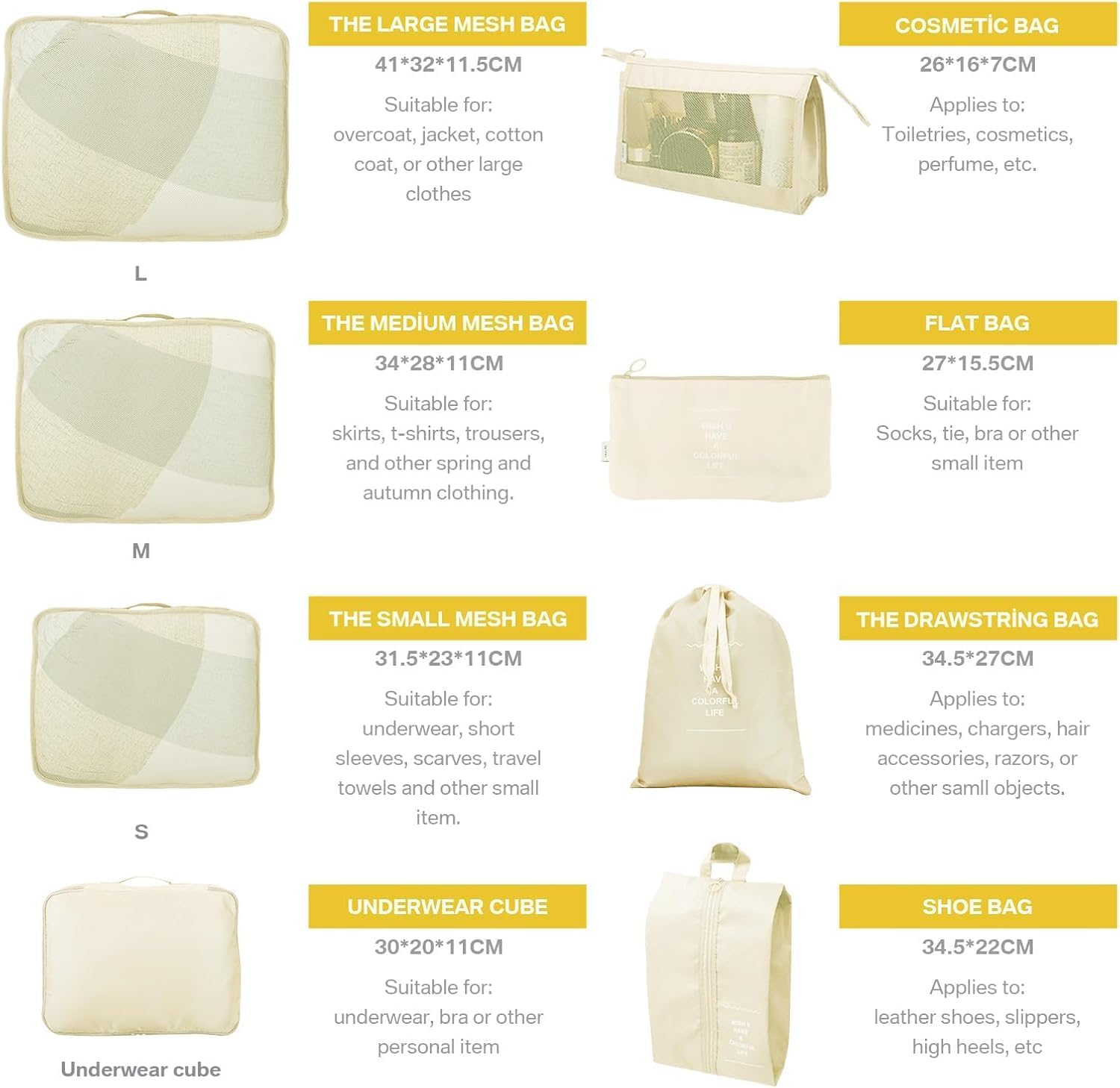 My Corgi Living 8-Piece Cube Travel Luggage Organizer Set - Efficient Luggage Separators & Travel Storage Cubes with Toiletry Makeup Bag, Shoe Bag - Perfect for Families, Men & Women (Beige) image number 3