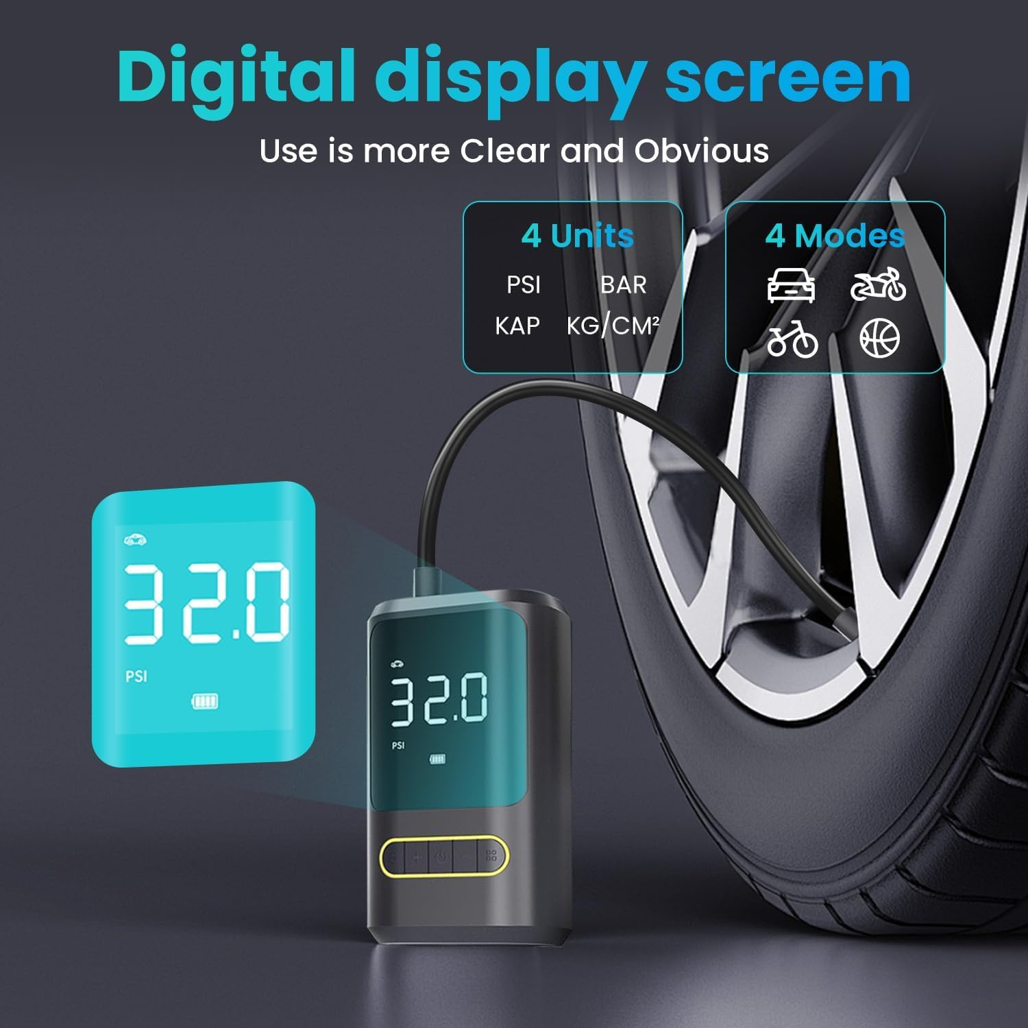 WEKUBA Portable Air Pump, 150PSI Electric Bike Pump, 4000Mah Battery Capacity, with Rechargeable Battery Function,Led Lighting, for Car, Bicycle, Motorcycle, and Ball, Preset 4 Inflating Modes image number 5