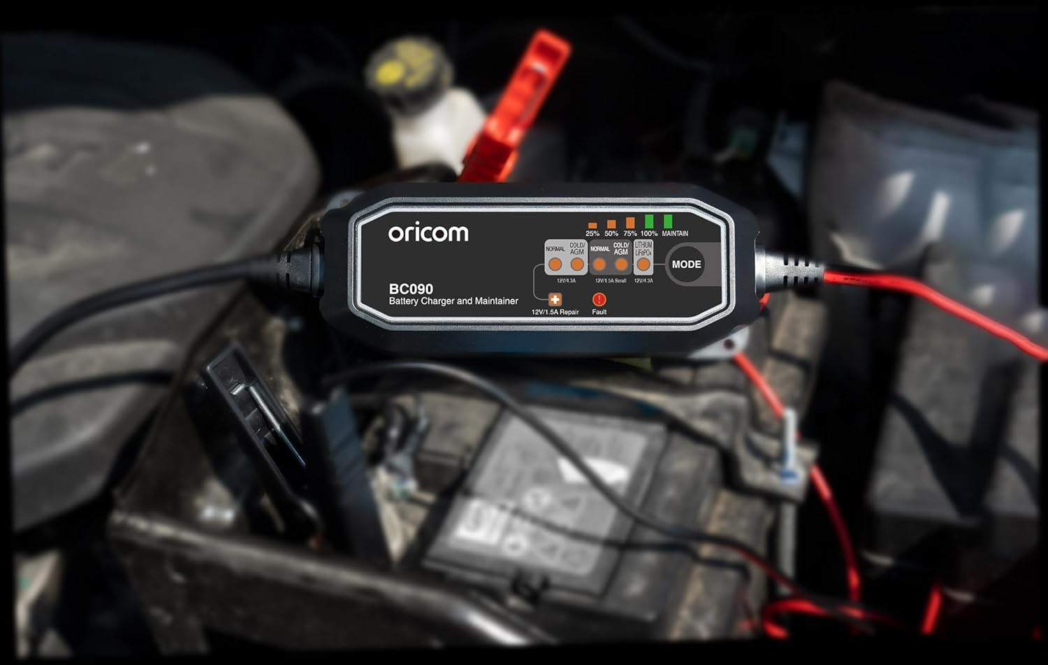Oricom BC090 Battery Charger and Maintainer - Charging Batteries 2-110AH, Low-Temperature Charging, Battery Repair Feature, Compliant Cables, Splash Dust Proof Rated IP65, Car, Motorcycle image number 1