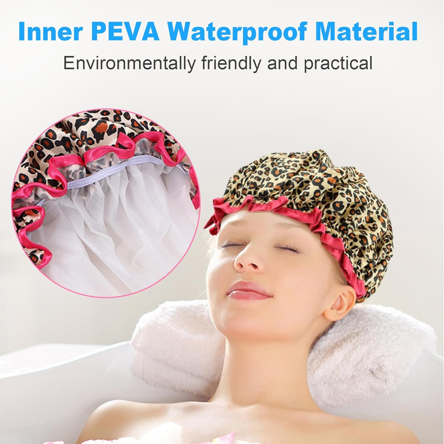 Reusable Shower Cap for Women - Extra Large Elastic Hair Bath Cap, Double Waterproof Layers for Bathing/Swimming, Eco-Friendly & Adjustable（4 Pack） image number 1