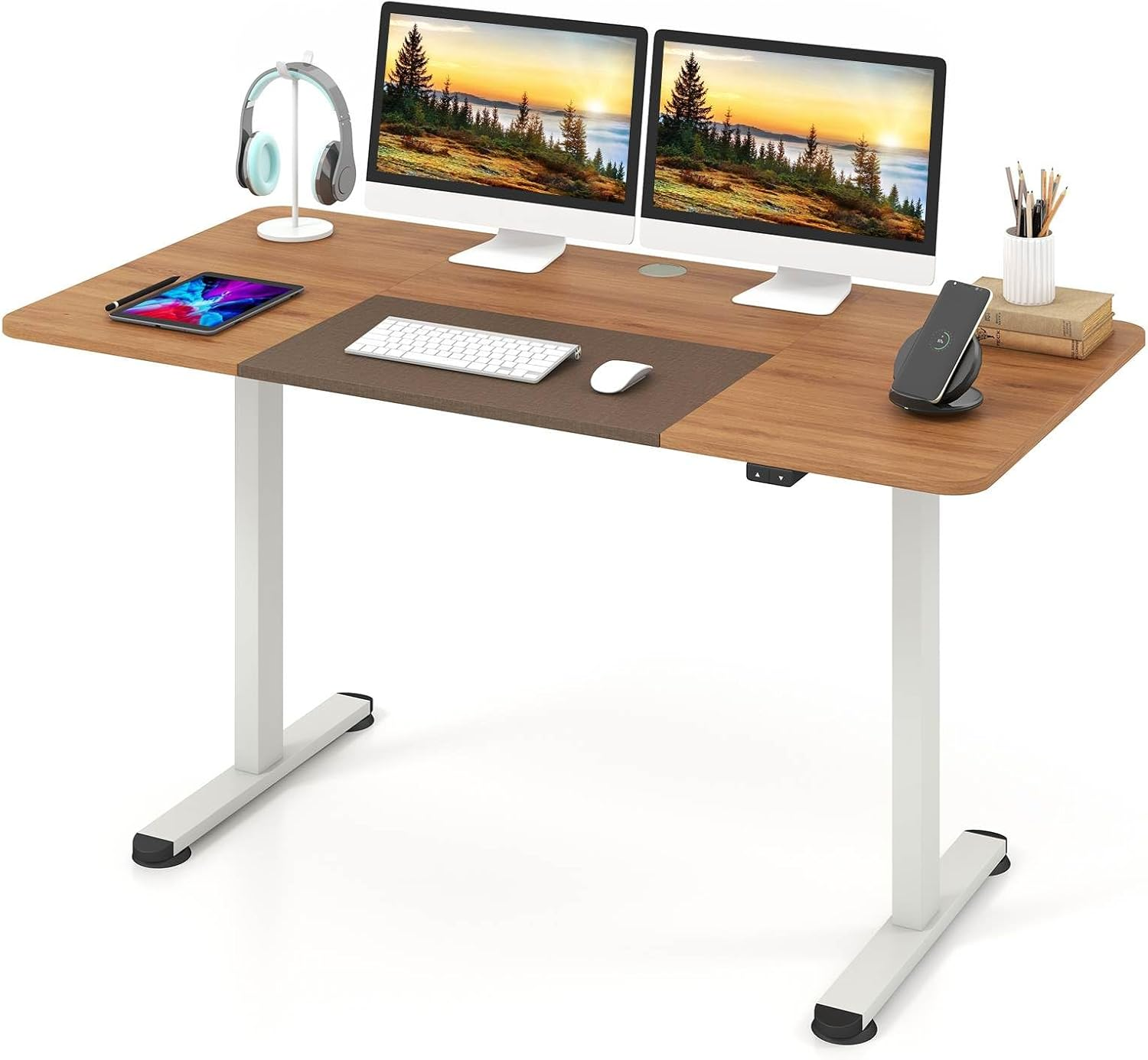 Costway 140 X 70Cm Electric Standing Desk, Height Adjustable Sit Stand Desk with Cable Management Hole, Anti-Collision Technology, Computer Workstation for Home Office (Natural)