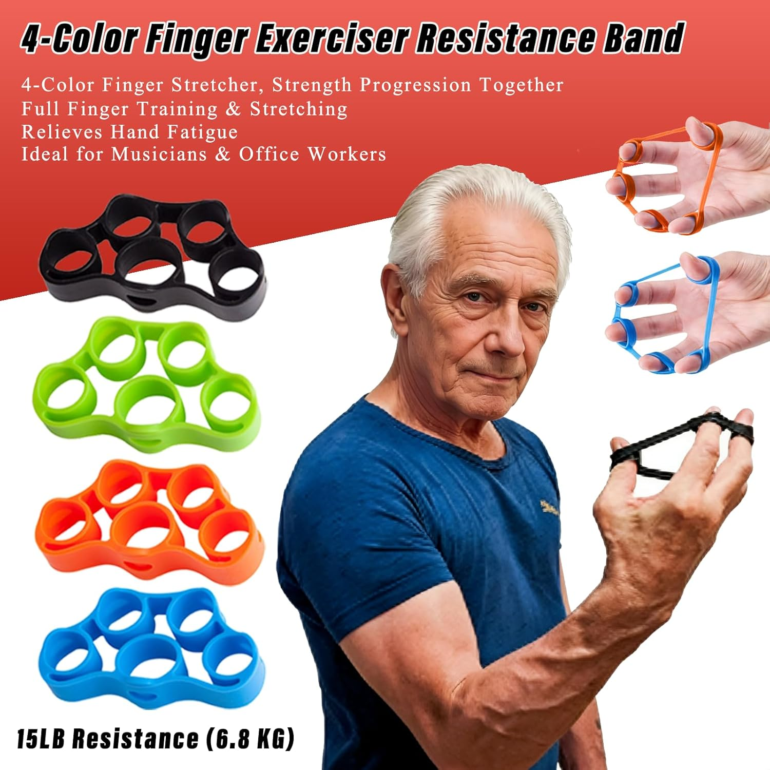 Hand Grip Strength Training Set, 8-Piece Exercise Kit with 2 Color Adjustable Gripper, 4 Color Finger Stretcher & 2 Grip Ring image number 2