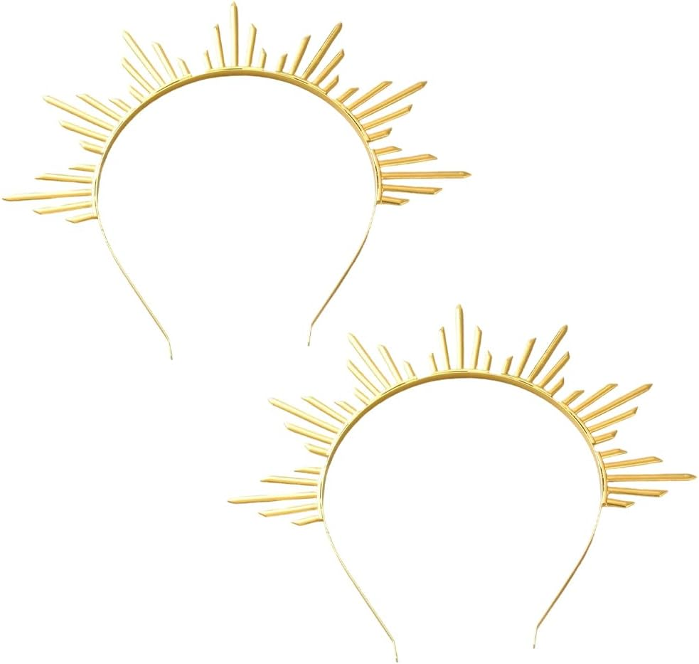 2Pcs Gold Sun Goddess Halo Crown Renfaire Sunburst Zip Tie Spikes Angel Celestial Headband Cosplay Costume Renaissance Headpiece Hair Bands for Women Halloween Wedding Party Hair Accessories image number 4