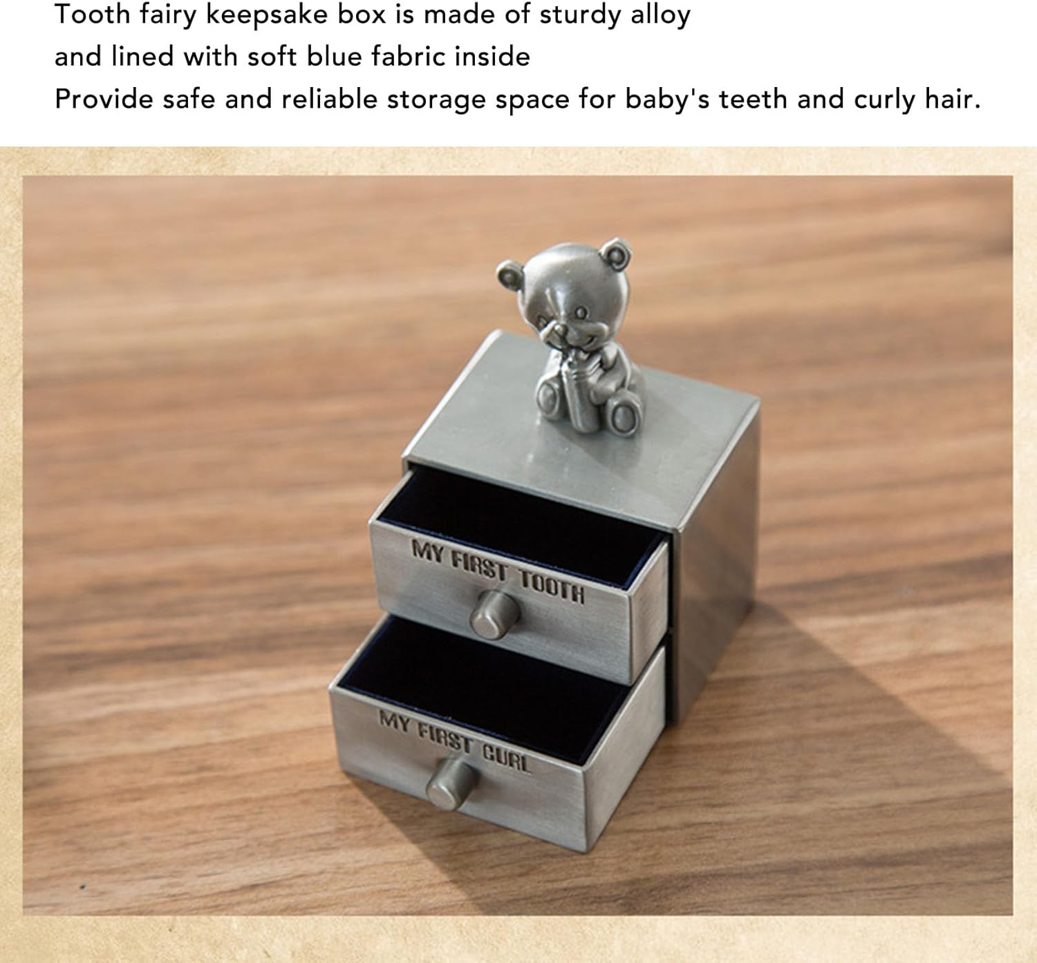 Teeth Keepsake Box for Boys and Girls Baby Tooth Fairy Box with Bear Decor Drawer Alloy Structure Soft Inner Wall Suitable for Christmas New Year Birthdays image number 2