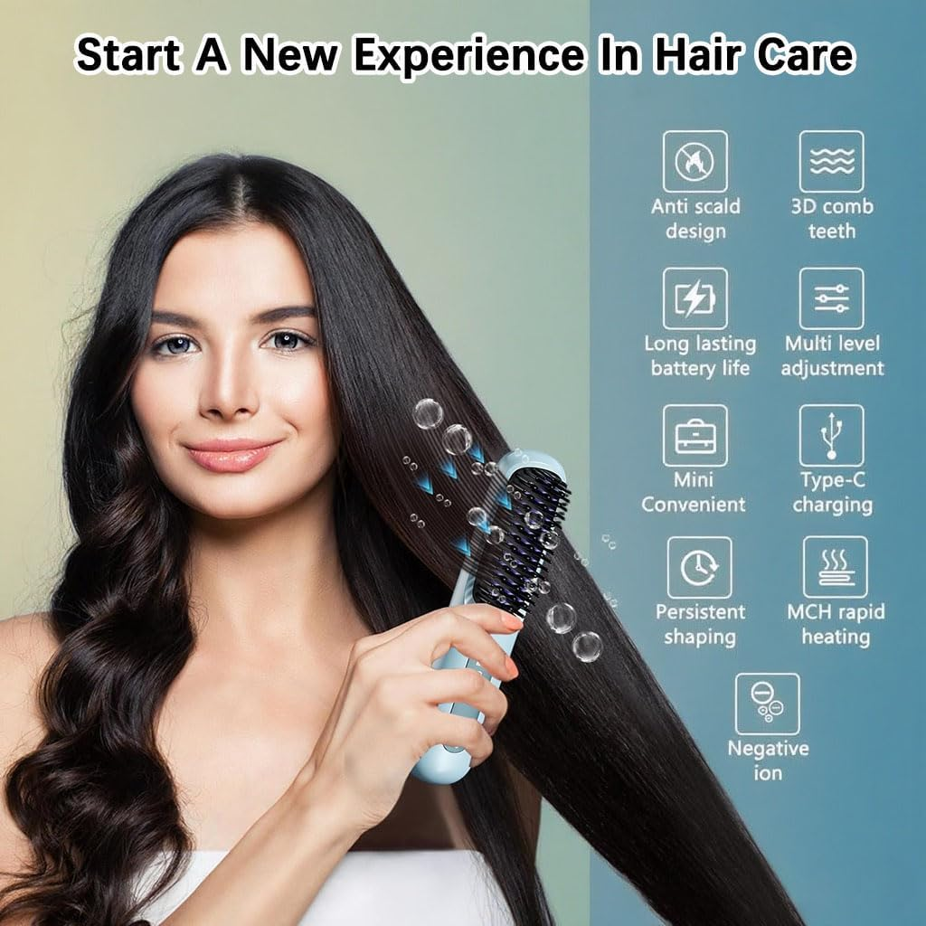 Portable Straightener Brush, Fast Heating Cordless Mini Hair Wave, Portable Mini Hot Comb with Negative Ions Smoother for Fast Heating Professional Salon at Home (Blue)