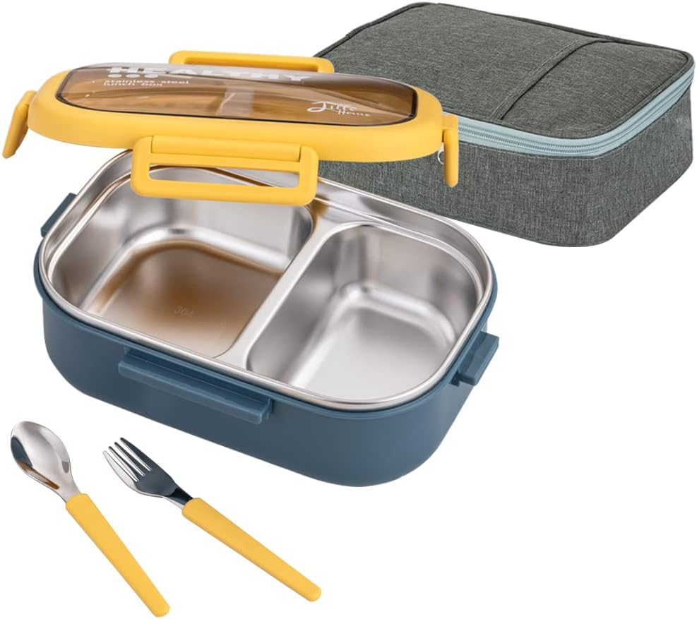 Lille Home 28Oz Stainless Steel Leakproof 2-Compartment Bento Lunch Box/Portion Control Food Container with Lunch Bag and Cutlery Set, BPA Free (Green)