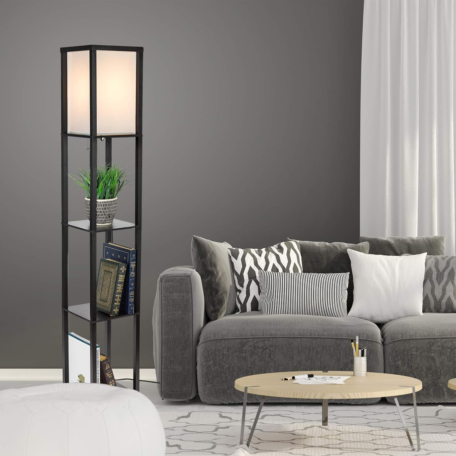 WAMBORY Floor Lamp with Shelves, Modern Standing Shelf Floor Lamp, Display Floor Lamp with 3 Color Temperature Bulb, Corner Display Bookshelf Lamp for Living Room Study Room Office