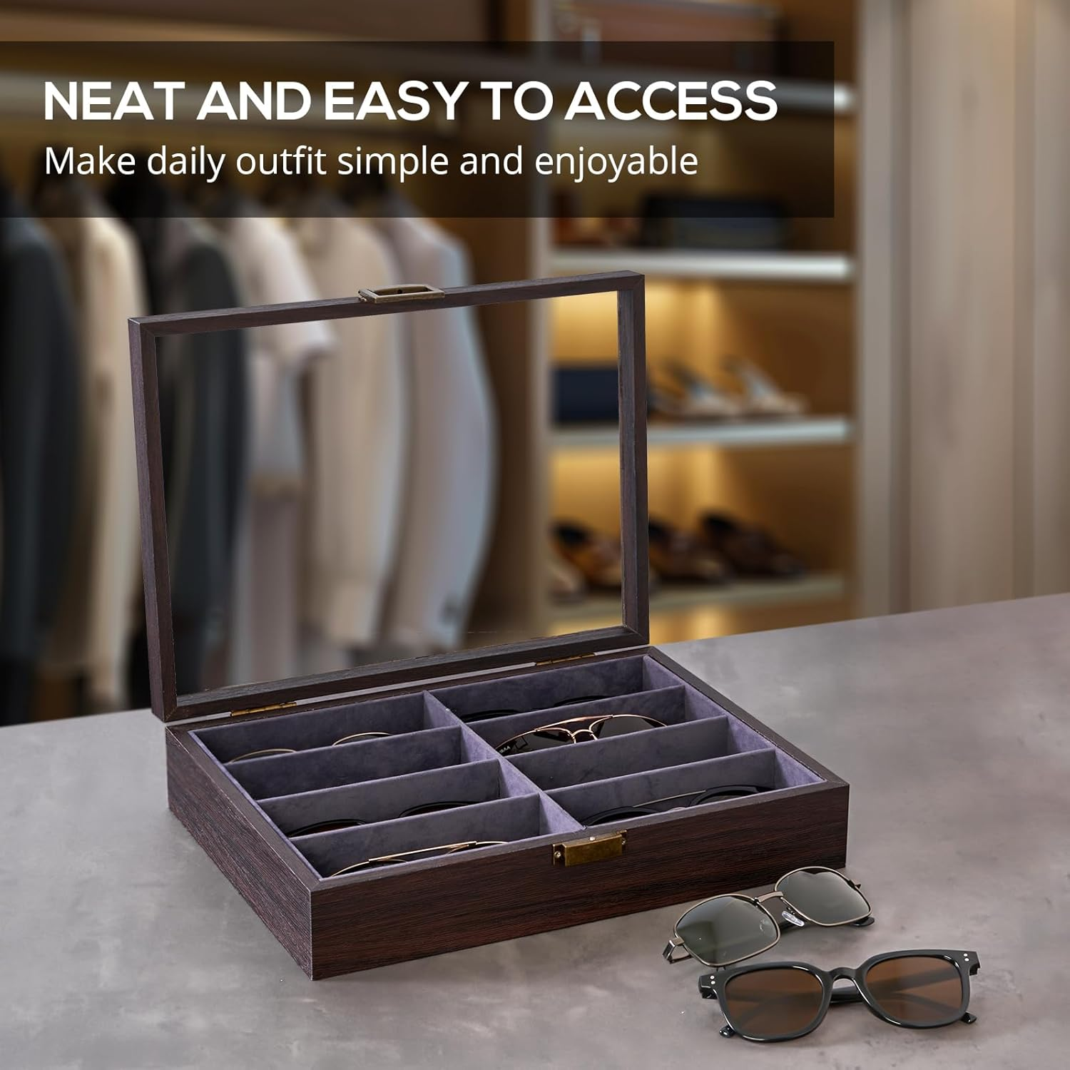 Procase 8 Slots Wooden Sunglasses Case Organizer Trays for Men Women, Glass Display Case Multiple Pairs Eyewear Eyeglass Holder Storage Box - Black image number 7