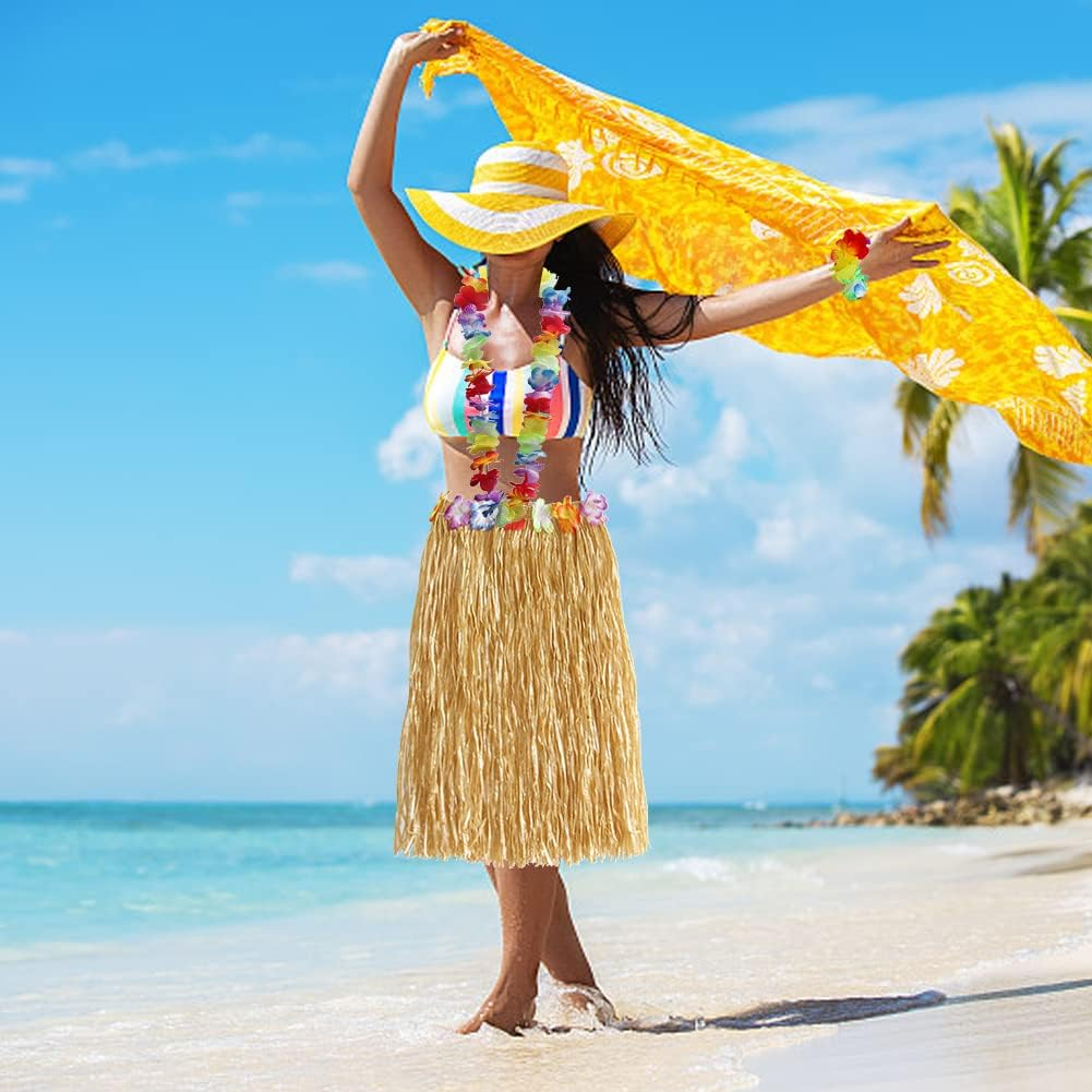 YSHIGUING 6Pcs Hula Skirt Costume Hawaiian Fancy Dress with Grass Skirt, Hawaii Leis, Hibiscus Hair Clip, Hawaiian Costume Set for Women Summer Beach Tropical Party Decoration image number 1