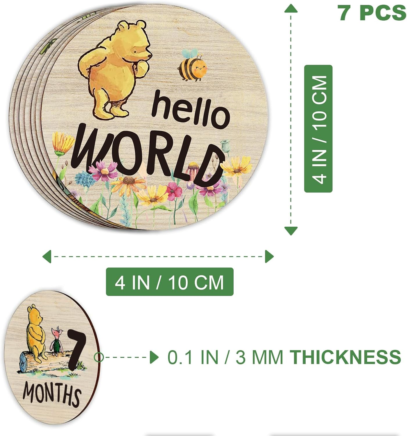 The Winnie Baby Bear Month Milestone Circles, Wooden Discs Stuff for Baby Photo Takens with Hello World Name Signs - 7Pcs Double Sided Signs for Documenting Growth image number 3