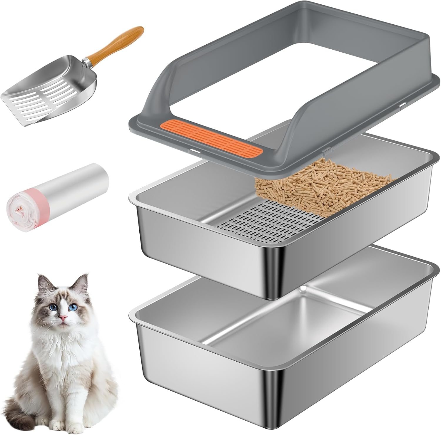 Stainless Steel Sifting Litter Box with Lid, Medium Sifting Cat Litter Box for Pine Pellets & Big Cats,Metal Pellet Sifter Litter Pan System for Odor Control,Sifting Box Liners & Scoop image number 3