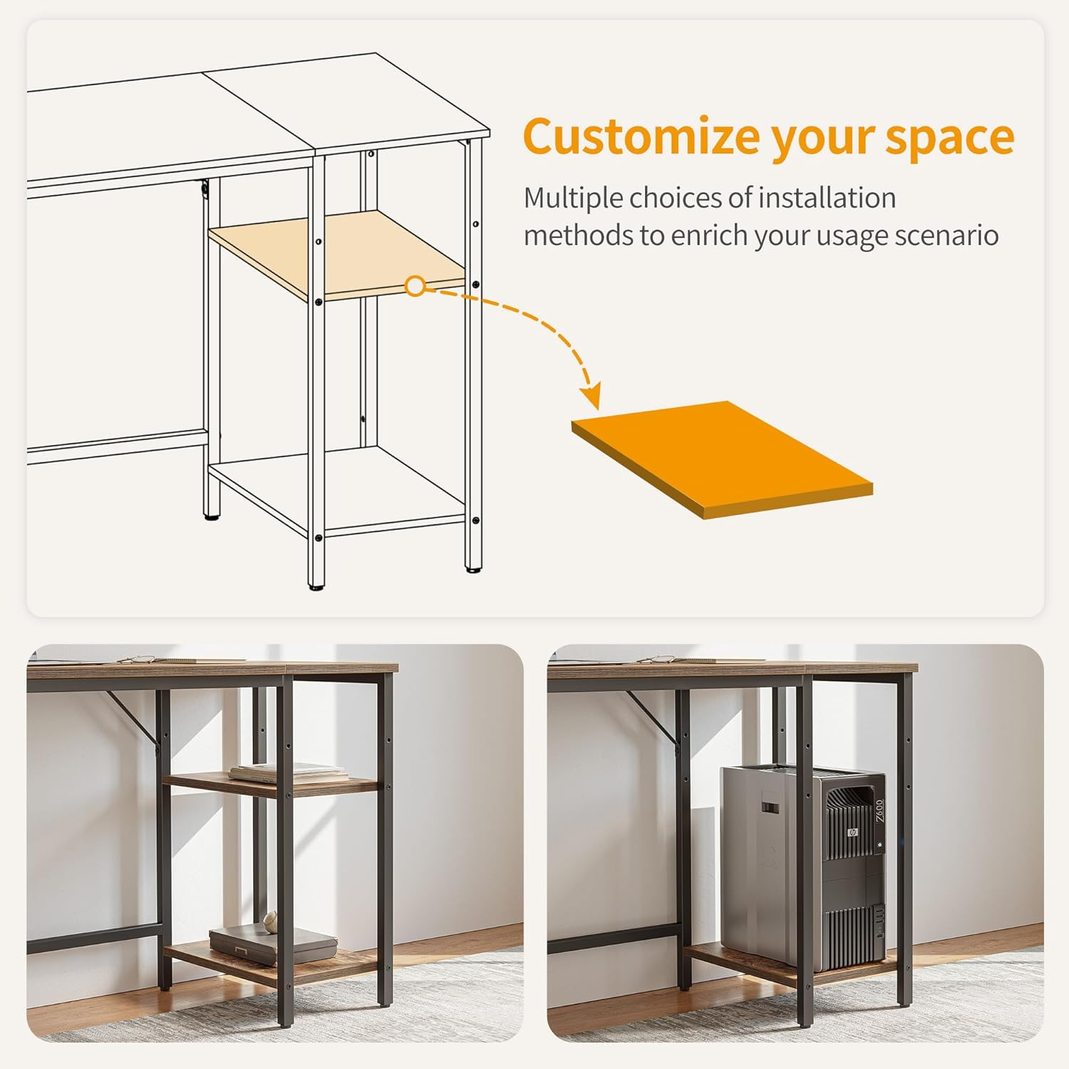 Cubicubi Computer Desk with 2 Reversible Storage Shelves 120X48Cm Office Desk Study Table, Vintage Brown image number 4