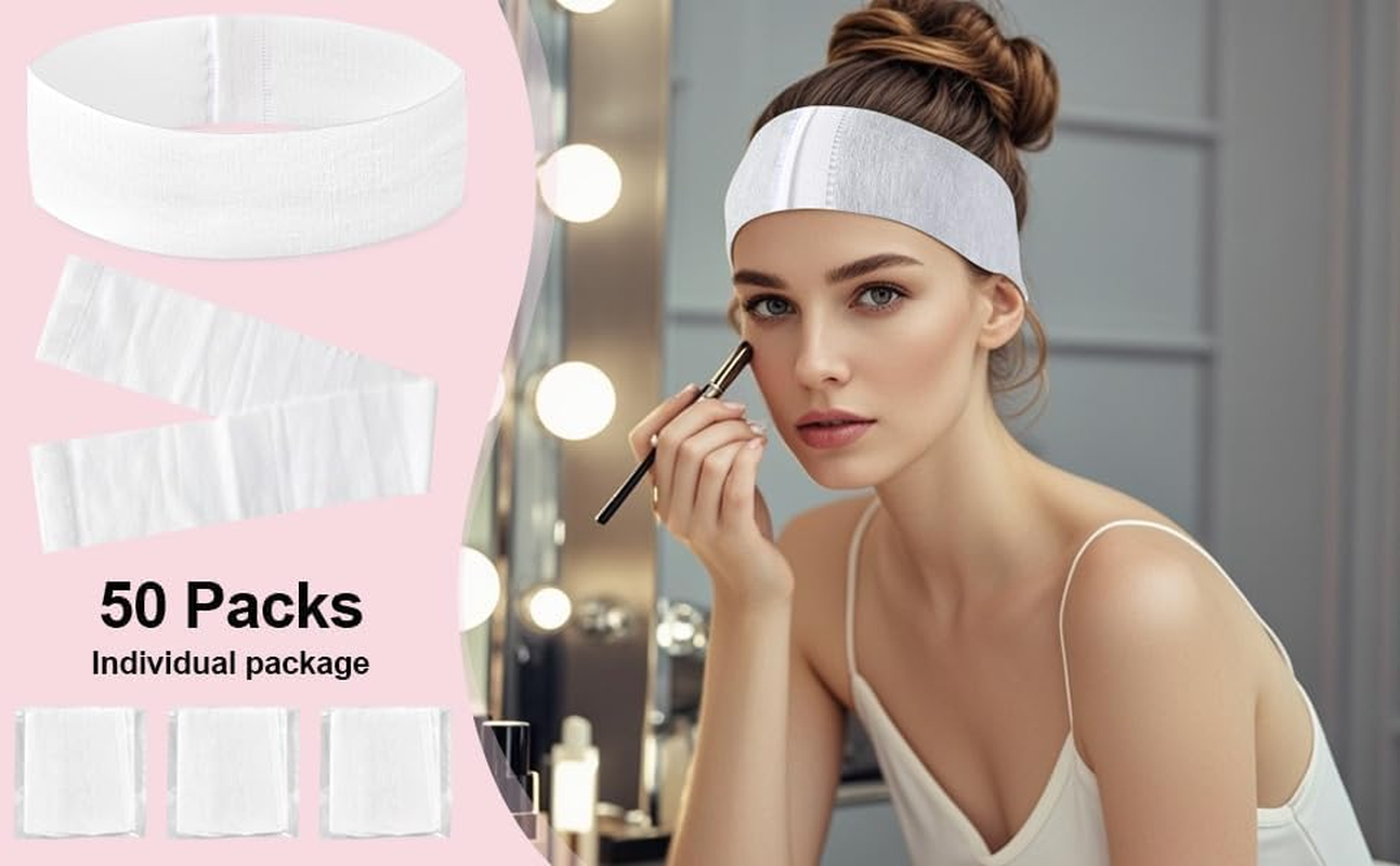 50PCS Disposable Spa Facial Headbands Elastic Non-Woven Headband with Magic Tape Stretch Soft Skin Care Hair Band with Straps for Salons Supplies White image number 1