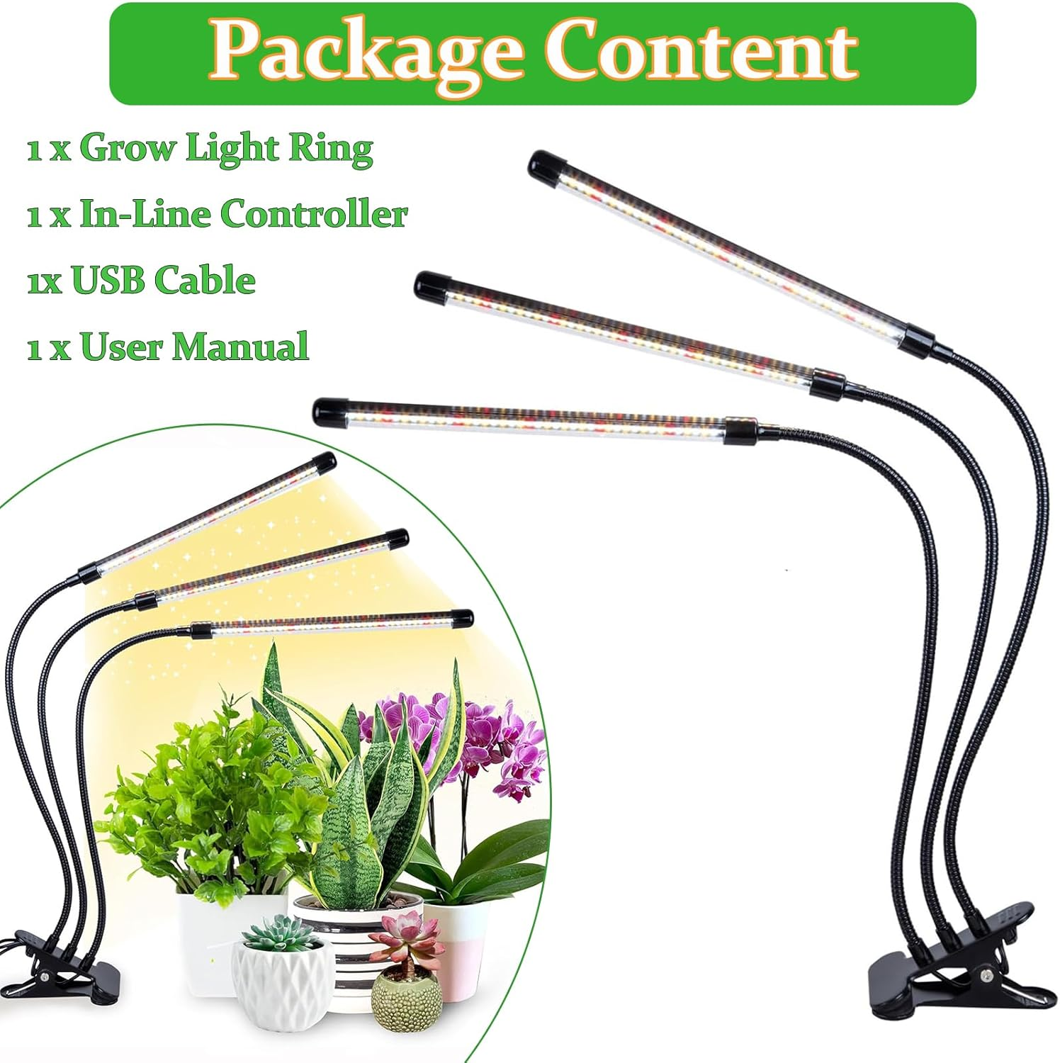 Grow Light for Indoor Plants, Clip-On Full Spectrum LED Grow Lights, Adjustable Gooseneck with 3/9/12H Timer & 10 Dimmable Modes, 3 Tubes image number 5