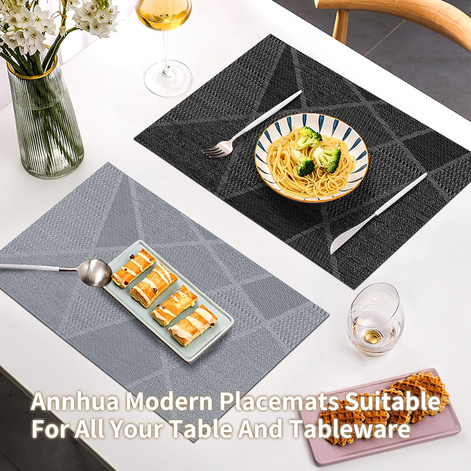 Annhua PVC Placemats Set of 2, Heat-Resistant Table Mats for Dining - Washable Rectangle Place Mat with Geometric Pattern for Home Kitchen Decor, 45 X 30 Cm - Black image number 6