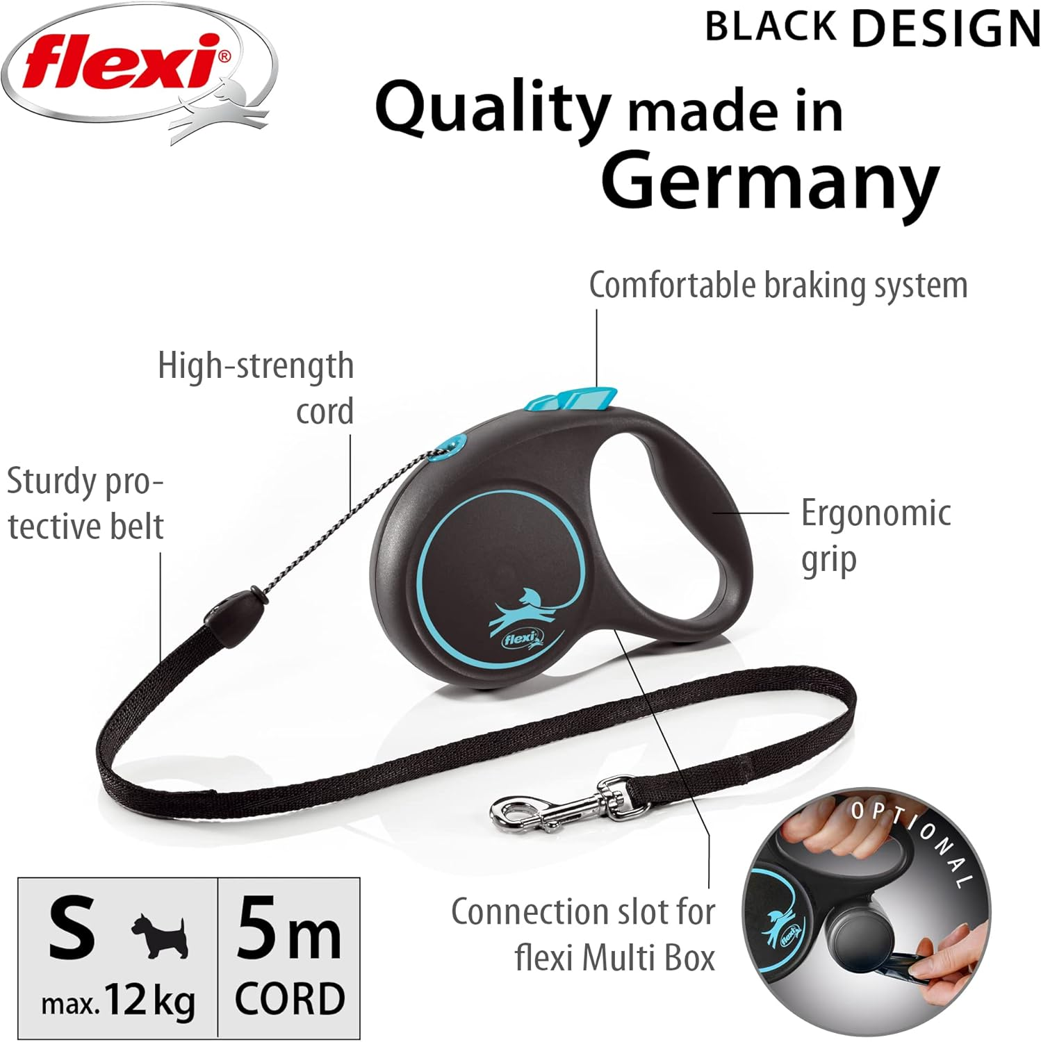 Flexi Black Design Cord Blue Small 5M Retractable Dog Leash/Lead for Dogs up to 12Kgs/26Lbs