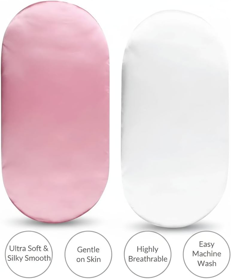 Satin Bassinet Fitted Sheet Set, Ultra Soft Fabric for Standard & Oval Bassinets, 2-Pack Machine Washable Crib Sheet Alternative, Pink & White - SZTTY image number 4
