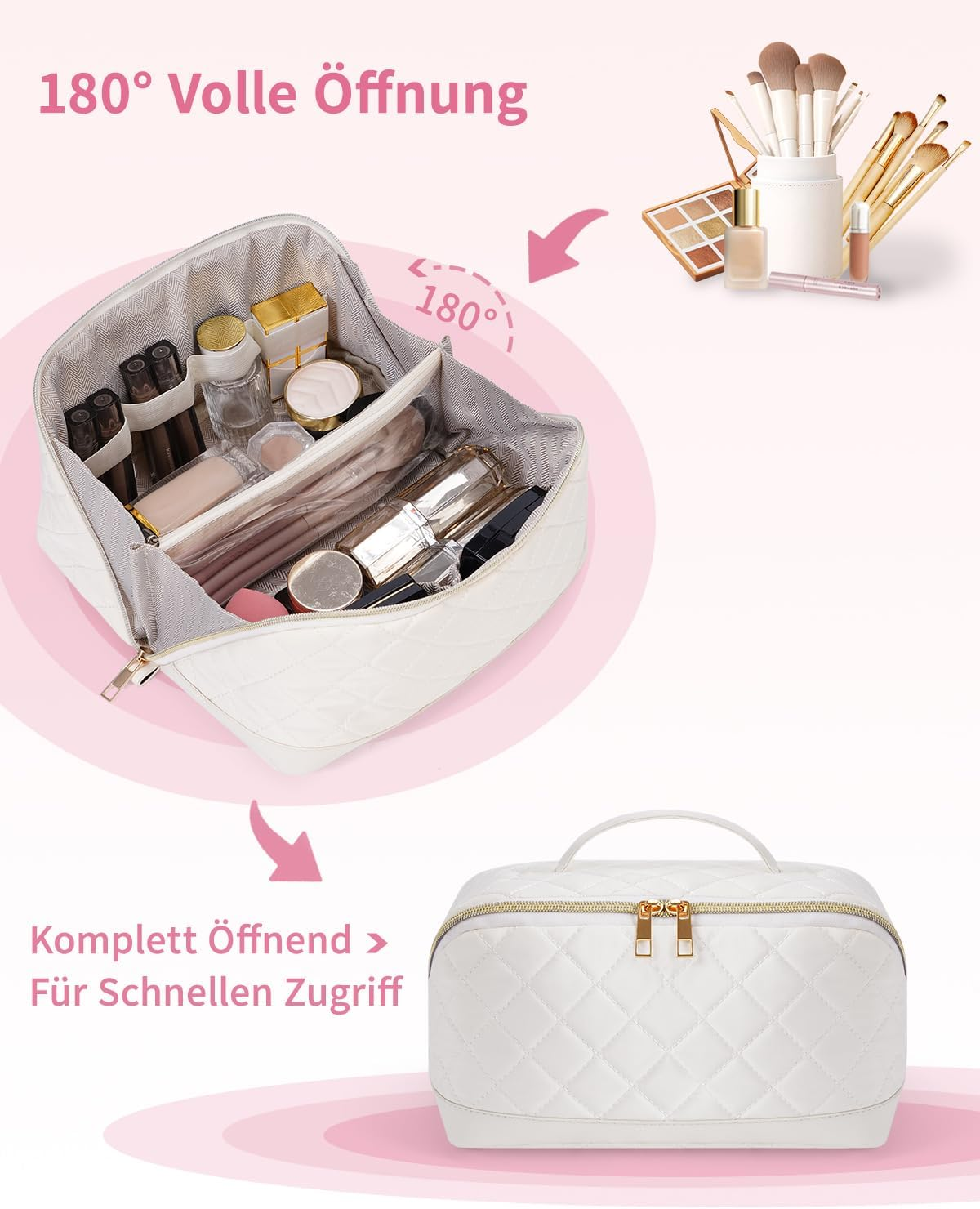 Women'S Large Travel Cosmetic Bag - Portable Makeup Bag with Handle & Transparent Separator - Water-Repellent Toiletry Bag Made of Quilted Fabric for Everyday & Bathroom (Patent Pending), Beige